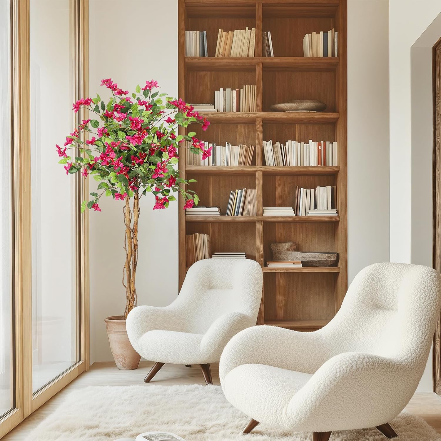 GarveeHome 5 ft Artificial Bougainvillea Tree, Tall Potted Artificial Plants Indoor, Faux Tree with Wood Trunk and Pink Flowers for Outdoor