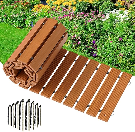 Amazer Wooden Garden Pathway Pavers for Outside,8.5FT Roll Out Walkway Widened Plank Non-Slip Outdoor Patios Walkway Straight Path with 8 Stakes, Garden Lawn Boardwalk Backyard Walkway, Natural Color