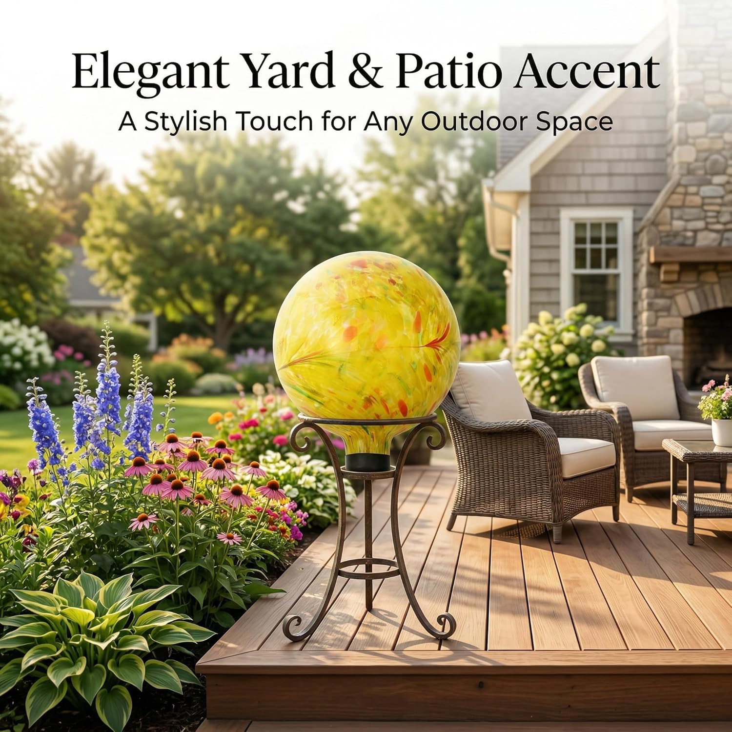 Gazing Ball 10 inch Colorful Glass Gazing Ball for Garden Decor, Indoor Outdoor Glass Gazing Globe Yard Decoration, Yellow