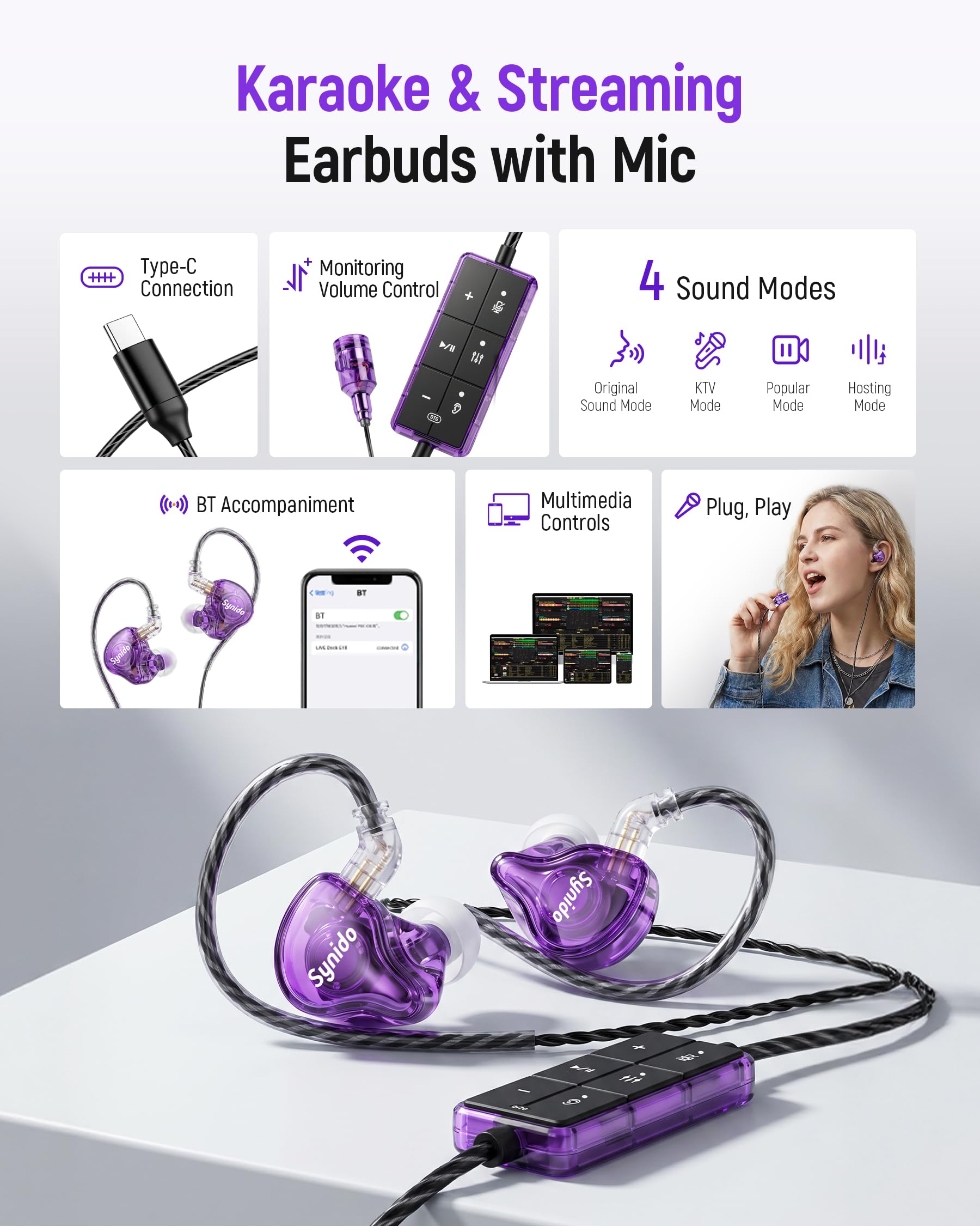 Synido Scheda audio auricolare per cantare live streaming, monitoraggio in tempo reale, accompagnamento BT, microfono con riduzione del rumore, 4 modalità audio, compatibile con smartphone, tablet e