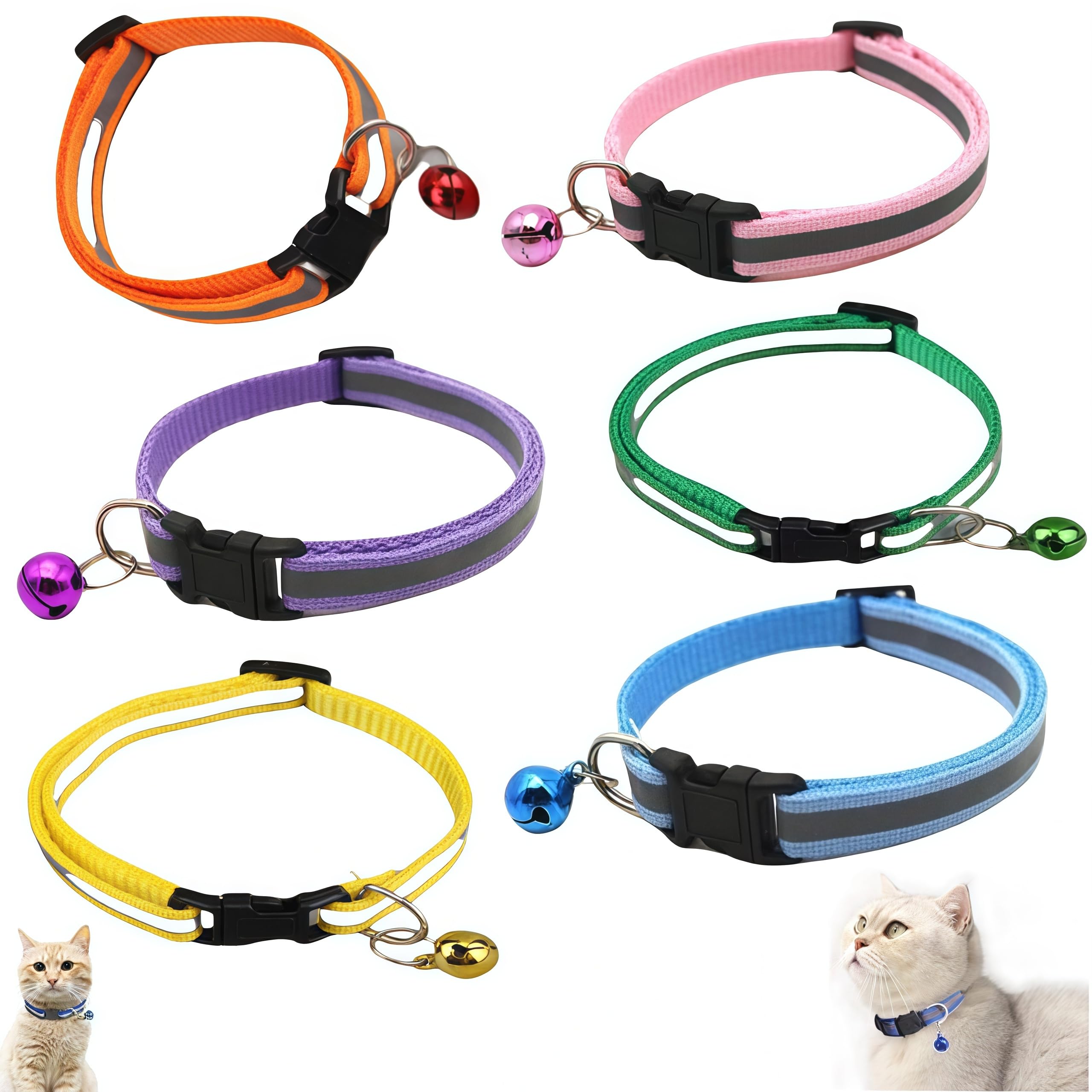 Collar Reflectante para Gatos,6 Piezas Collar Gato Pequeño Ajustables con Campana,Collar de Gatos Reflectante de liberación rápida,Accesorios para Mascotas Reflectantes