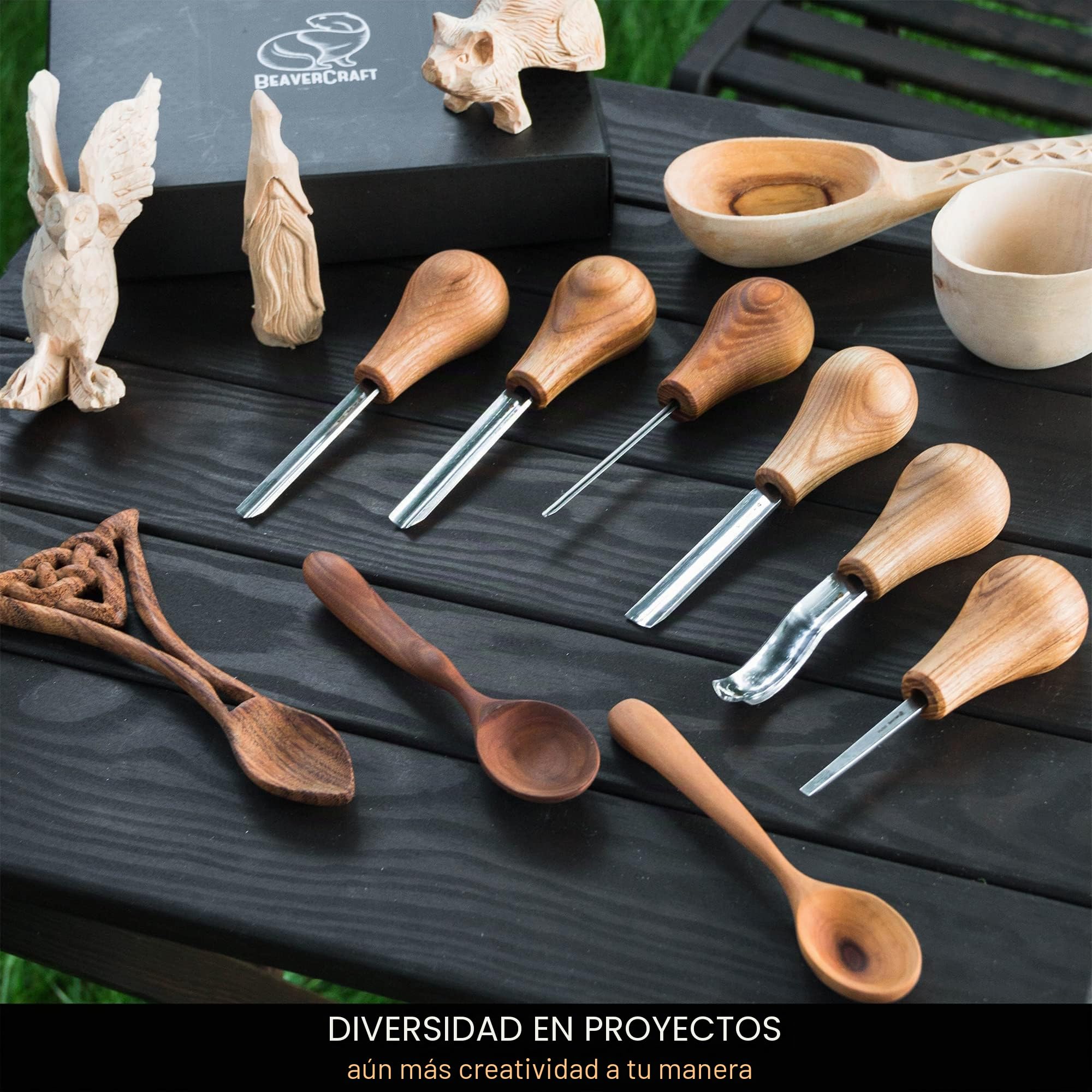 BeaverCraft SC05 Juego de gubias para tallar madera – Set de formones y gubias con mango de palma, cincel recto plano, curvo corto y en V – Herramientas de tallado para principiantes y profesionales