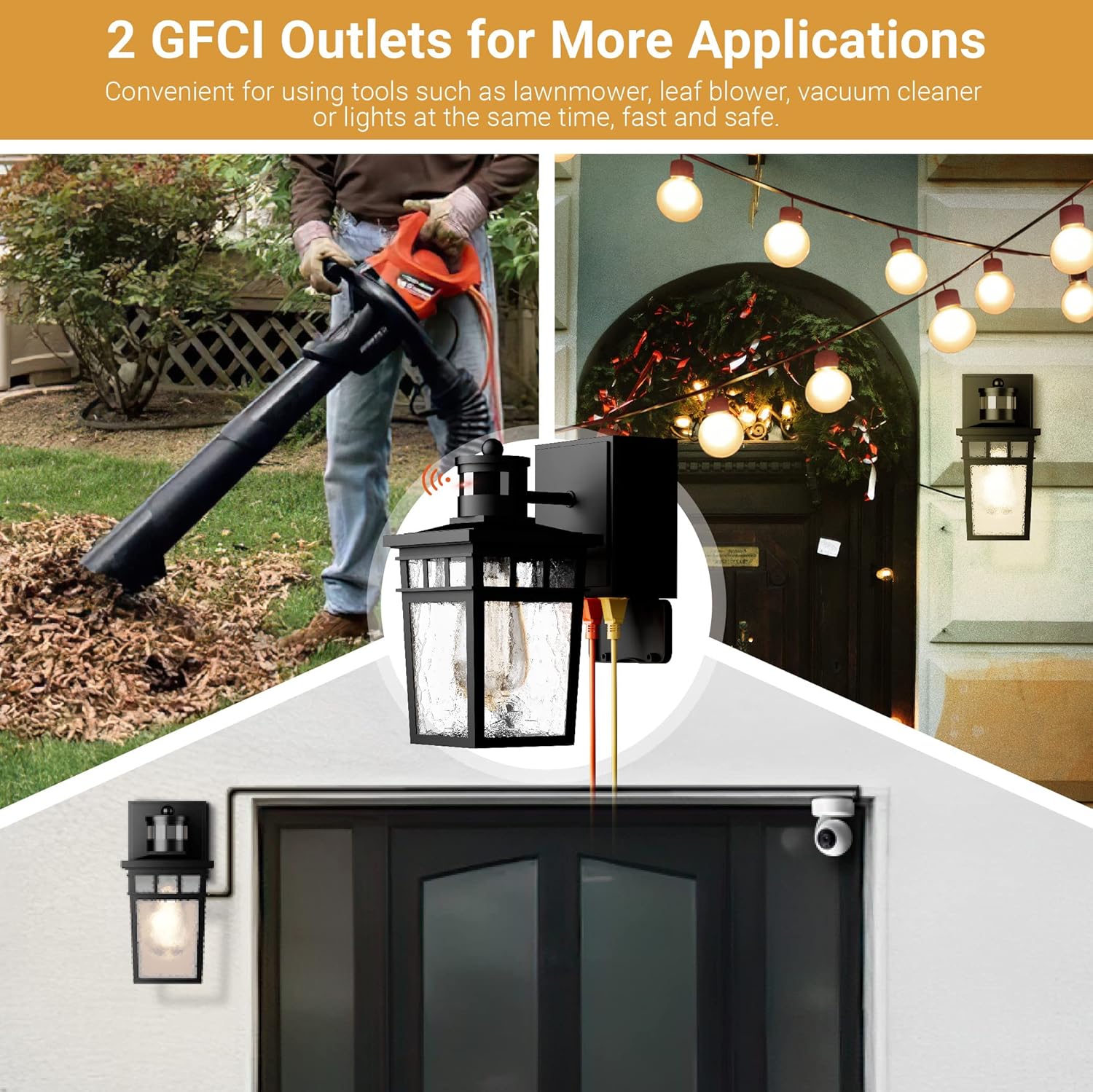 Porch Light Outdoor with GFCI Outlet - 3 Lighting Modes Exterior Light Fixture, Dusk to Dawn Motion Sensor Wall Mount Outside Lights for House,Garage,Front Door, Patio