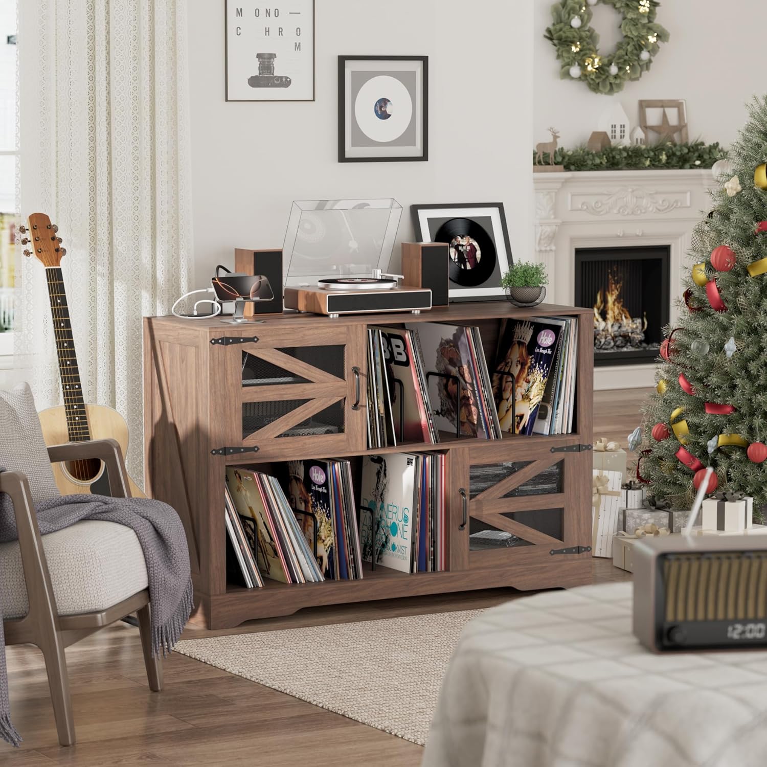 Large Record Player Stand with Vinyl Storage, 500+ Vinyl Record Storage Cabinet, 47 Inch Record Player Table with Power Outlet, Farmhouse Wooden Turntable Stand for Living Room, Walnut