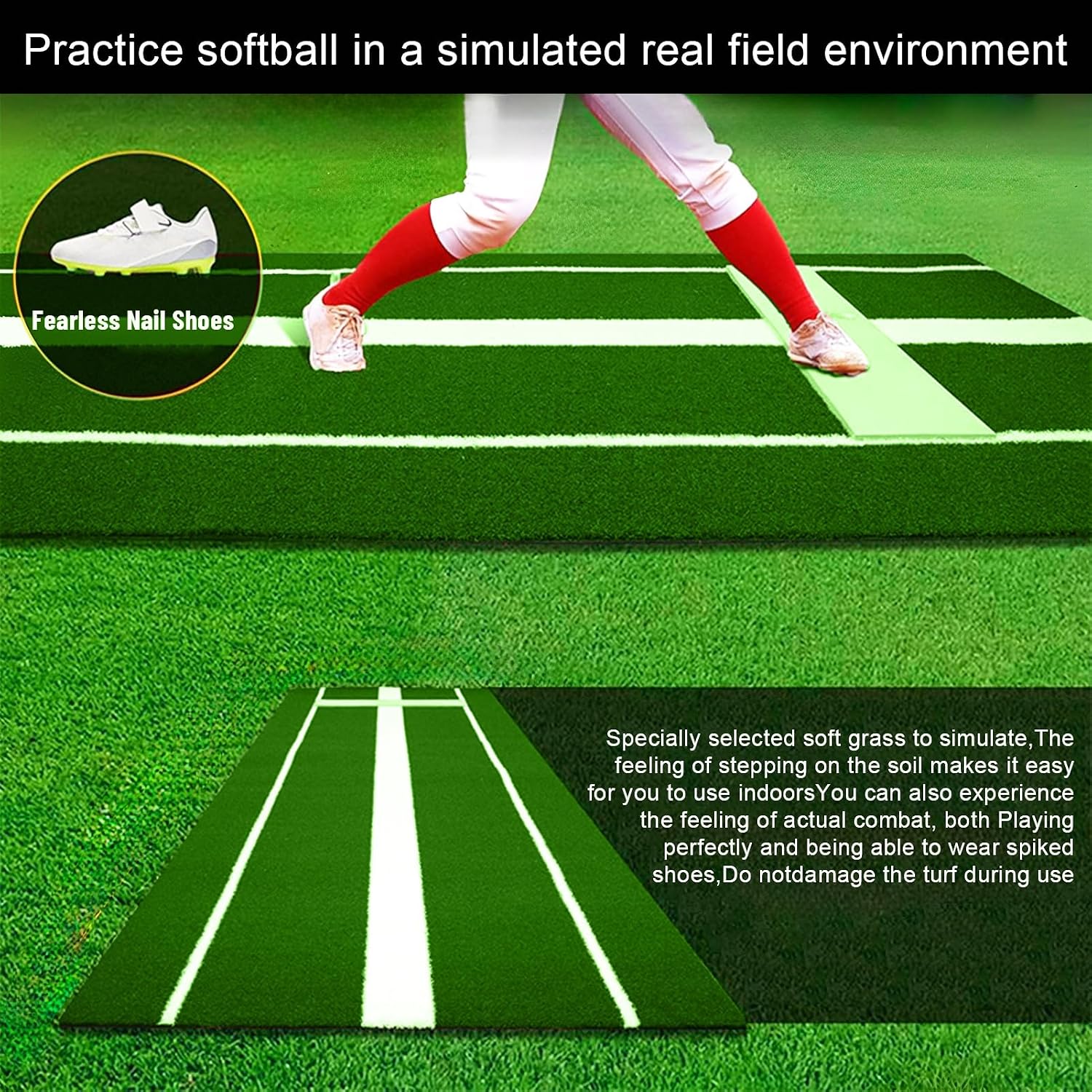 Softball Pitching Mat, 10x3FT Portable Softball Pitching Mat with Rubber and Powerline, Artificial Grass Pitching Mound with Carry Strap, Indoor Outdoor Baseball Practice Pad for Pitchers