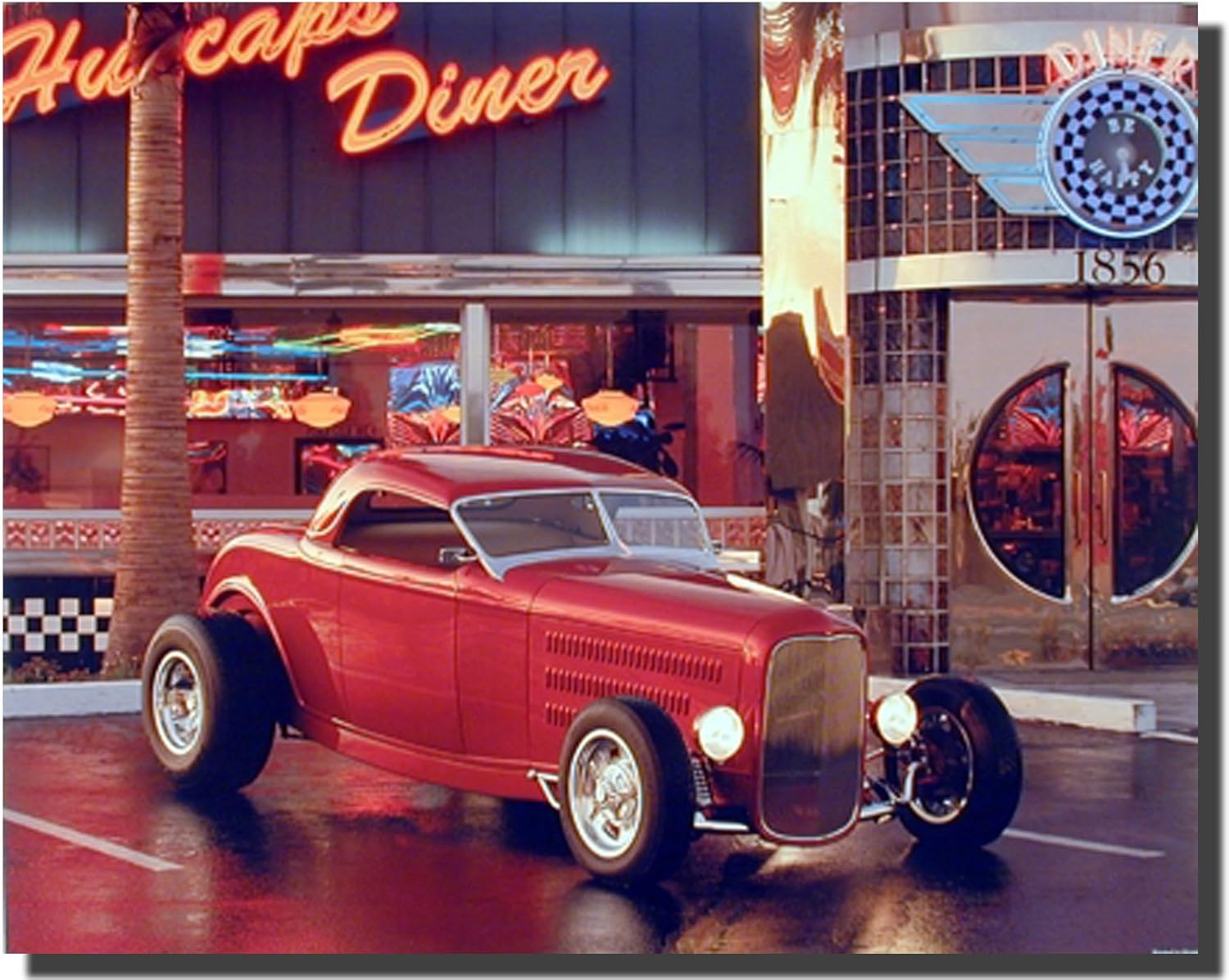 Impact Posters Gallery Póster vintage rojo Roadster Ford At Cafe Diner, decoración de pared para automóvil, impresión artística (16 x 20 pulgadas)