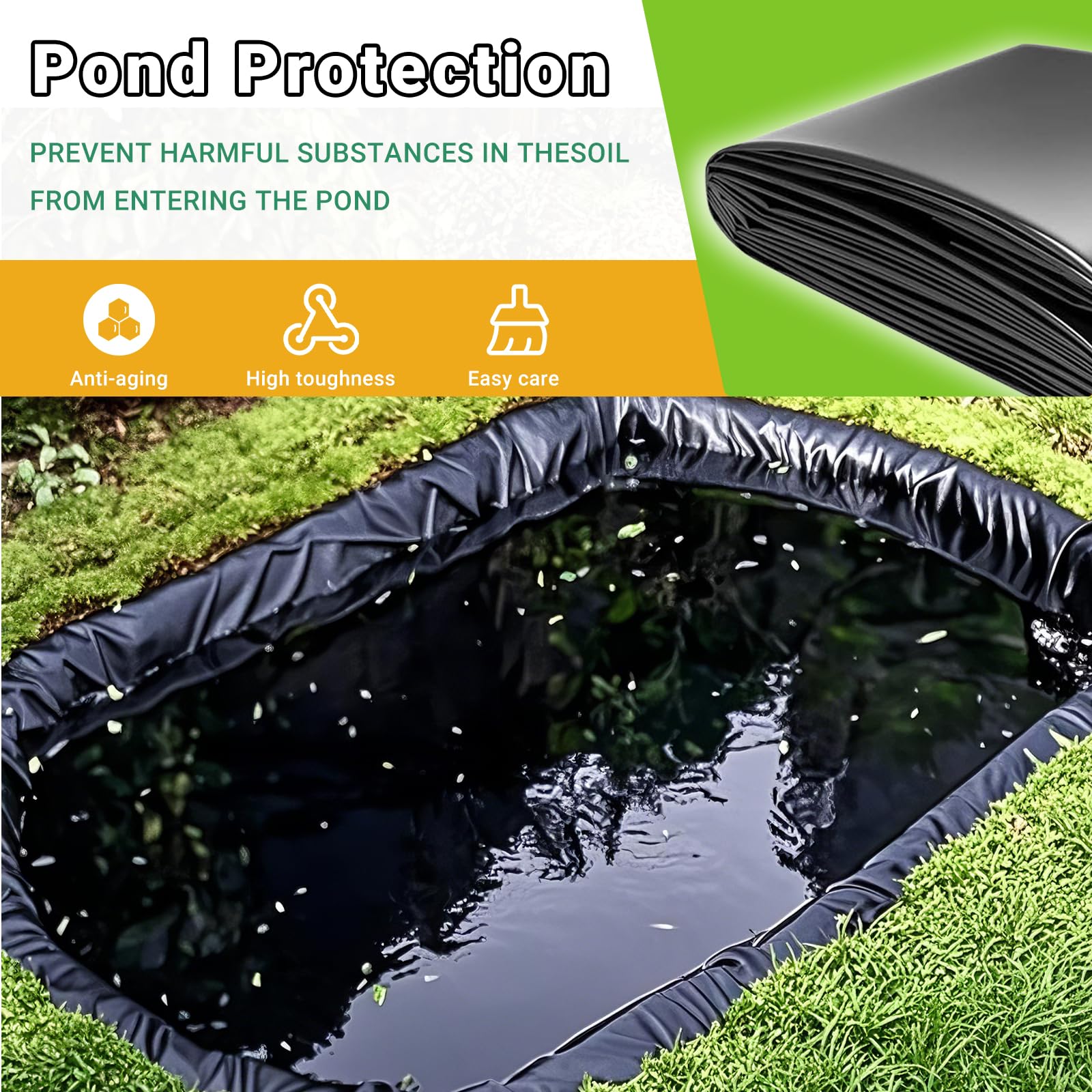 Rivestimento per laghetto in HDPE, 2 x 8 m, 6 x 12 m, 10 x 16 m, 14 x 14 m, per laghetti per pesci, stagni koi, fontane, cascate, fodere impermeabili per stagni
