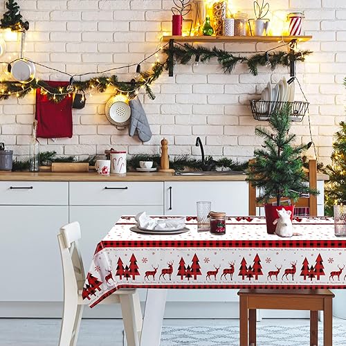 Miniatura 4 de 3 manteles de Navidad, fundas de mesa de Navidad a cuadros, desechables, de plástico, rectangulares, rojo y negro, decoración de mesa para fiestas