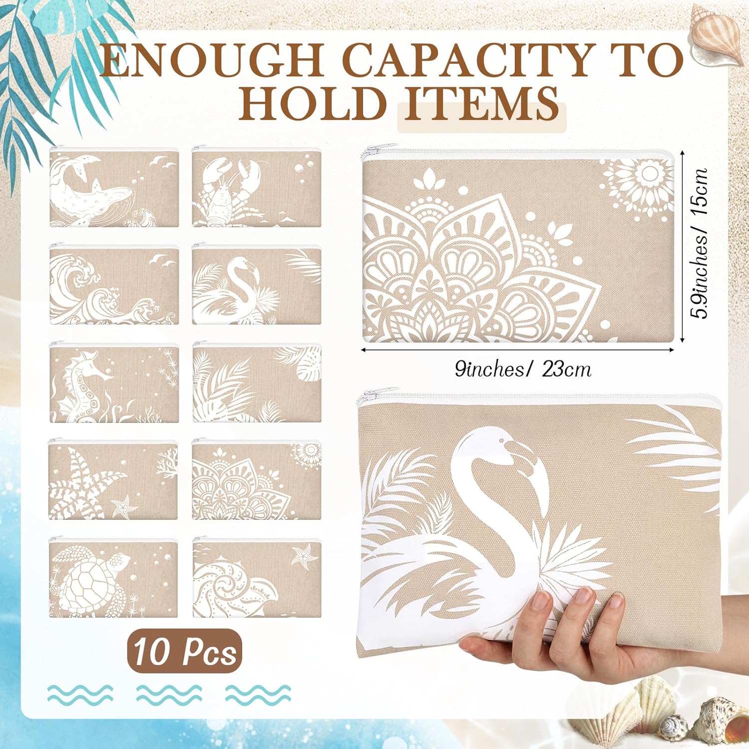 Kacctyen 10 Pcs Beach Makeup Bags Bulk Zipper Pouch Canvas Beach Themed Cosmetic Bag for Women Cruise Ship Essential Sea Summer Vacation Organization Cruise Party Favor Bridesmaid Wedding (White)