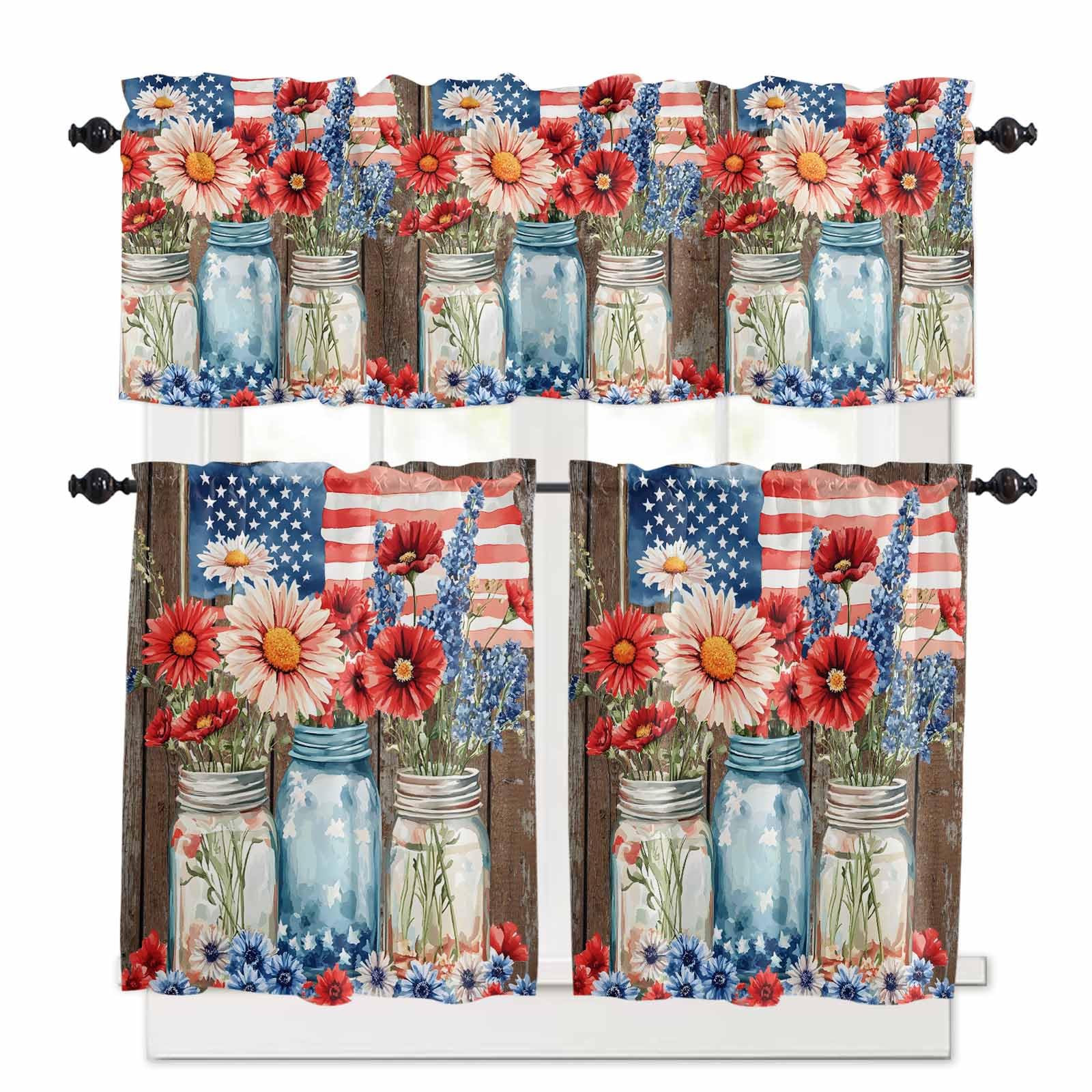 Independence Day Kitchen Curtains 24 Inch Length,3 Piece Rod Pocket Small Half Tiers and Valance Set,Red Blue Patriotic Floral Brown Wood Small Large Window Treatment Decor for Bedroom/Bathroom Sink