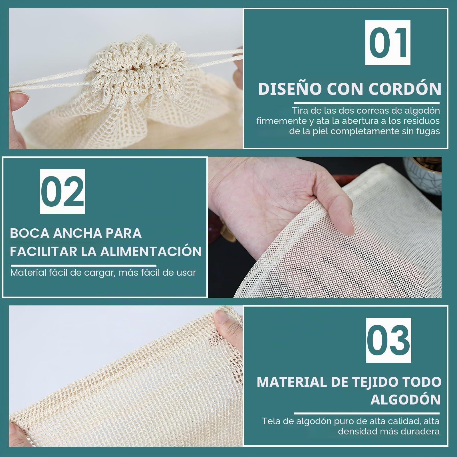 Malla para Cocer Garbanzos, Bolsa de Cocina 20x30cm, Algodón, Reutilizable, 2 Mallas 2kg