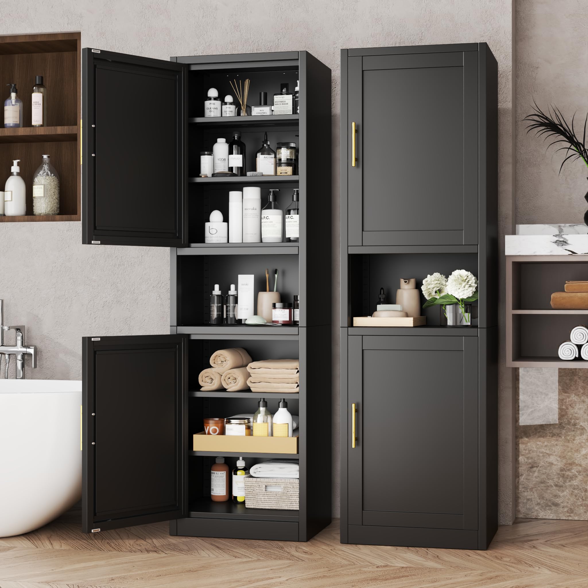 baoliwo Tall Metal Narrow Bathroom Storage Cabinet 67" H, Tall Black Pantry Cabinets with 4 Adjustable Shelves and 2 Doors for Kitchen, Home Office,
