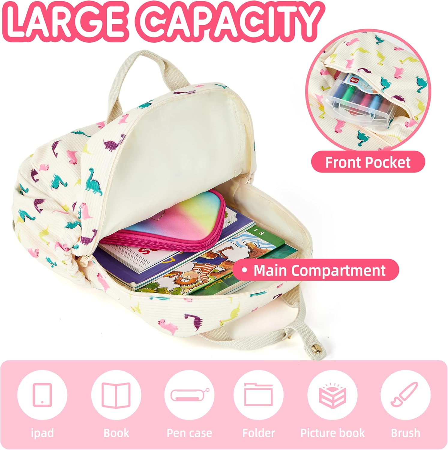 Mini Corduroy Backpack Bookbag School Bag for Toddlers Girls and Boys Preschool Daycare Kindergarten 13'' H Lightweight Fits for Folder(Dinosaur-Beige Corduroy) - Image 7