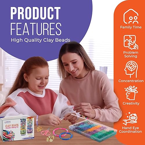 Miniatura 7 de LORSYS Kit de fabricación de pulseras para niñas con 48 colores estéticos y 13000 piezas de cuentas planas redondas de arcilla polimérica kit de