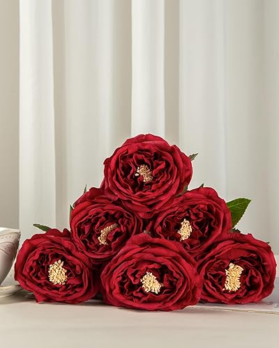 Miniatura 3 de DuHouse 5 rosas de seda falsas rojas con tallos de tacto real rosas artificiales para arreglos de boda, fiesta, decoración del hogar