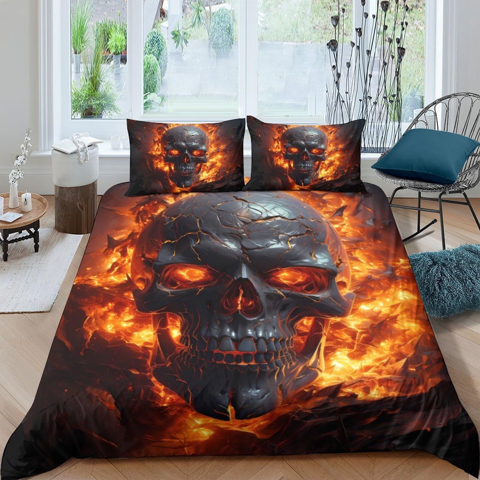 GPLZQXKJNH 3D Printed Burning Skull Duvet Cover Microfiber Soft Breathable Fire Flames Bedding Set with 2 Pillowcases for Bedroom Decor Single（135x200cm）