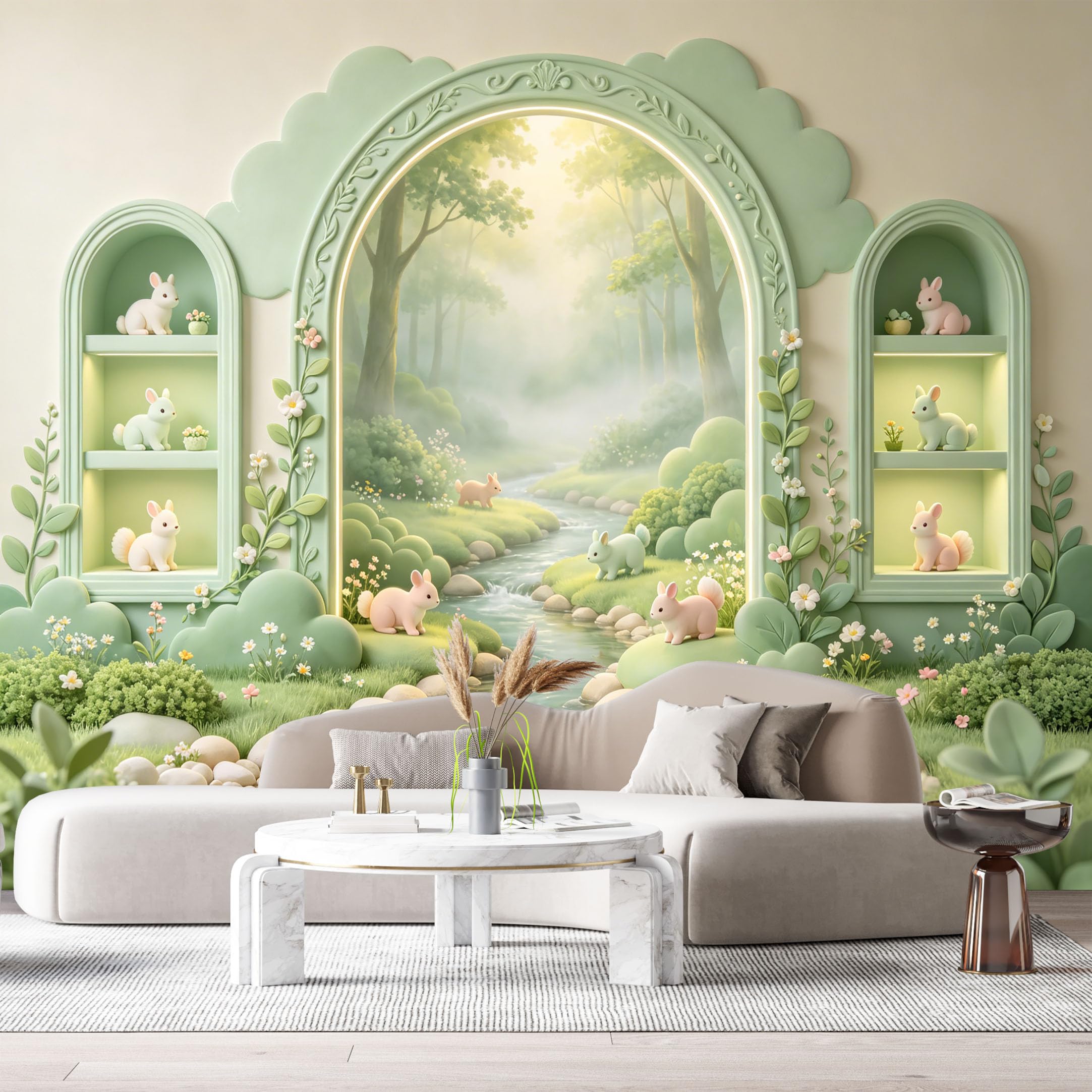 Custom Size Wall Murals Forest River Archway Rabbits 3D Trompe L'Oeil SelfAdhesiveWall Fabric Removable Wallpaper Wall Decor for Living Room Bedroom Bathroom