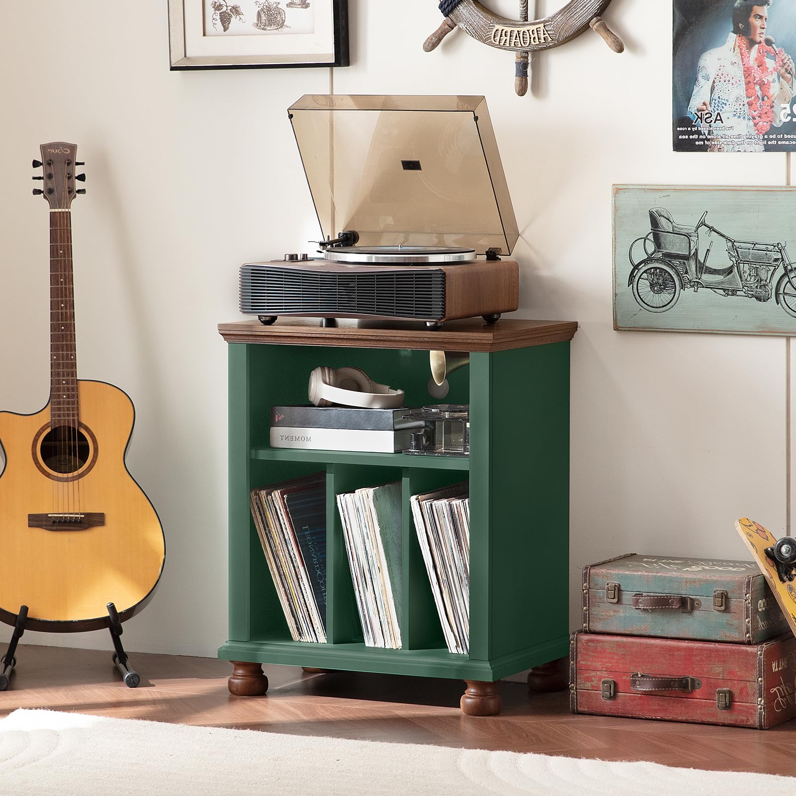 LELELINKY Plattenspieler Ständer, Plattenspieler Regal Bietet Platz für bis zu 200 Alben, Großes Holz Plattenspieler Tisch, Schallplatten Regal für Wohnzimmer, Schlafzimmer, Büro, Grünes