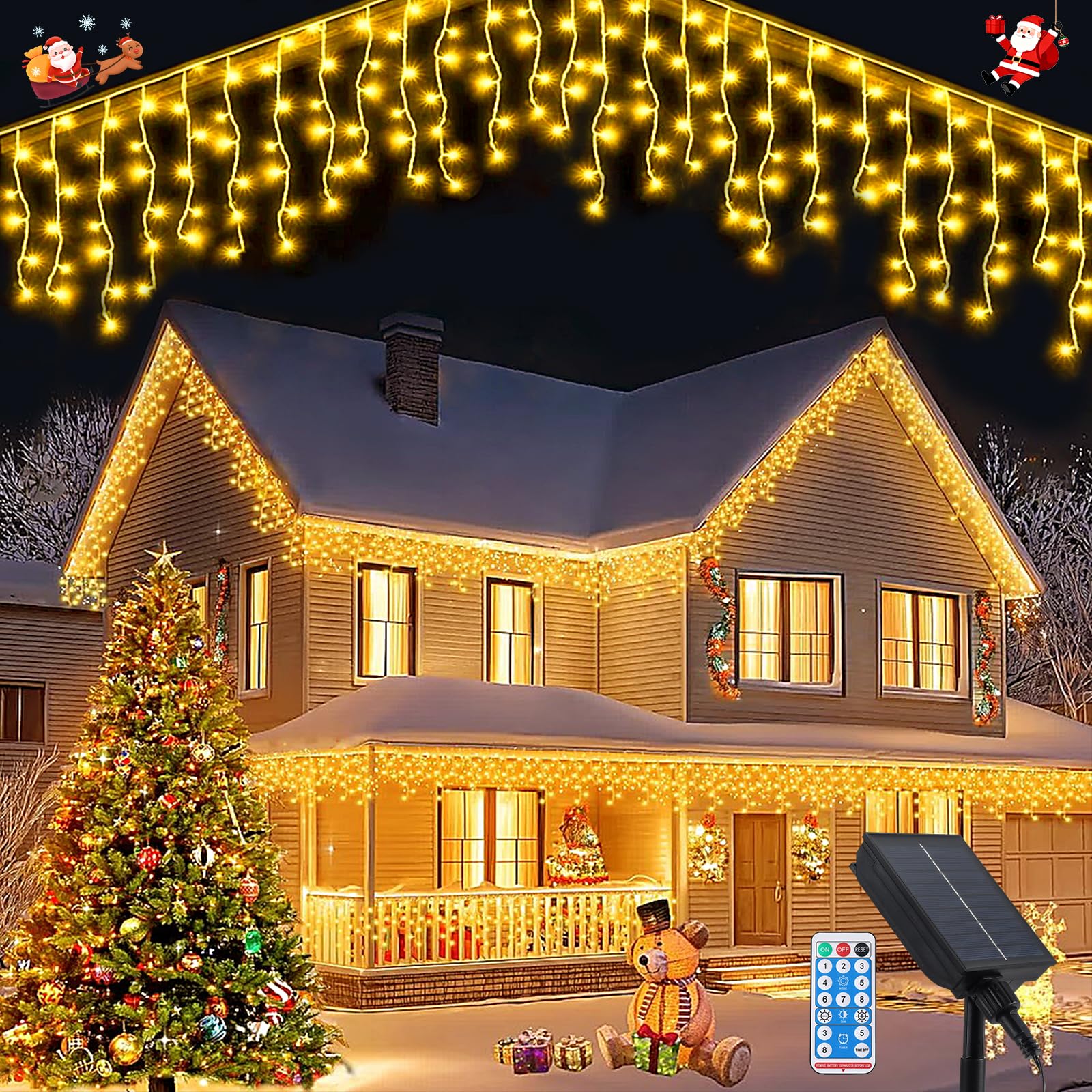 Luci a Cascata per Esterni, 8 M 288 LEDS Luci Natalizie Solari a Forma di Ghiacciolo con Telecomando a 8 Modalità, Luci a Stringa Impermeabili per Tetto, Giardino, Feste, Patio, Decorazioni Natalizie