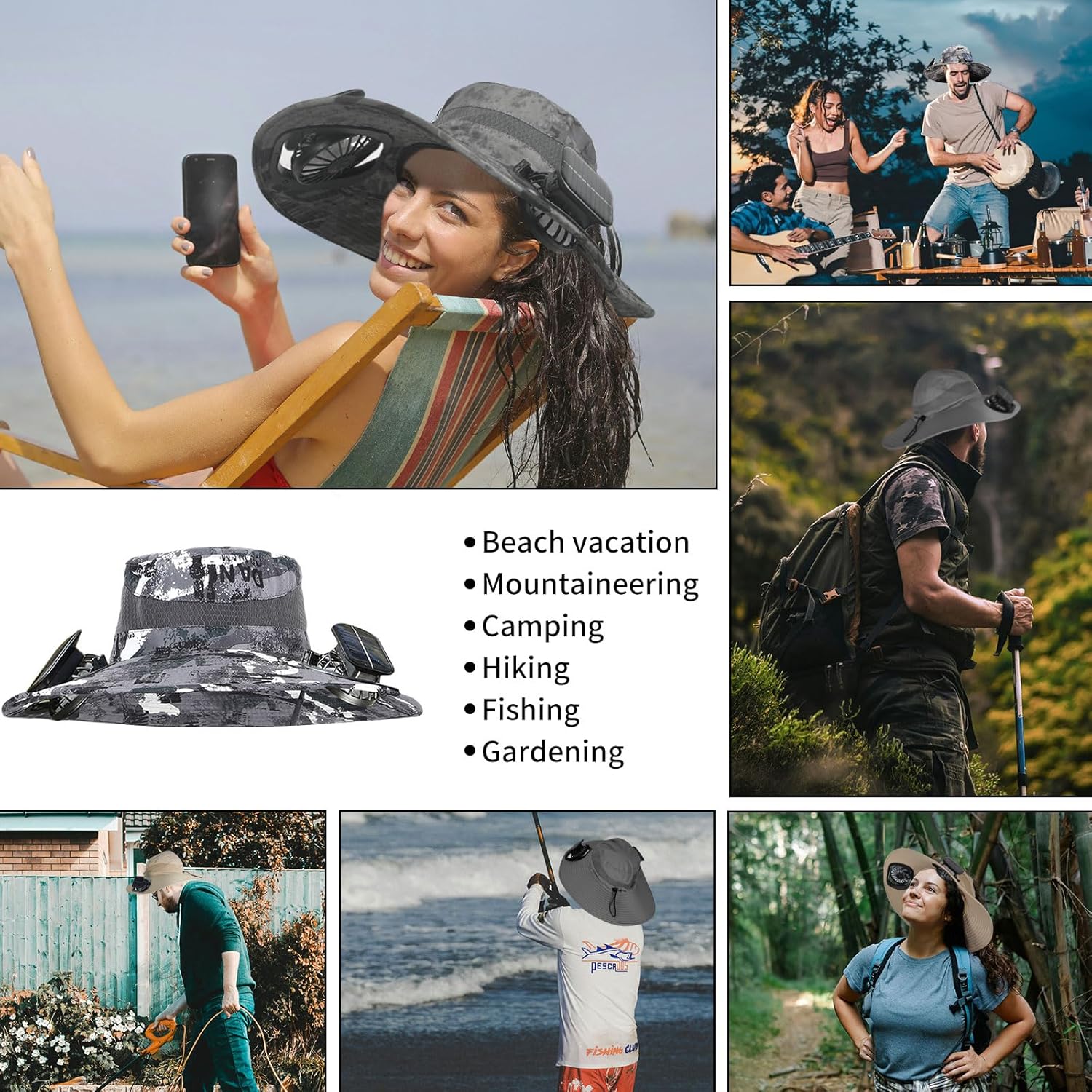 Wide Brim Outdoor Solar Fan Hat, UPF 50+ Fishing Hat for Man with 2 Solar Fan, 3 Modes 180°Rotating Fan Hats - Image 6