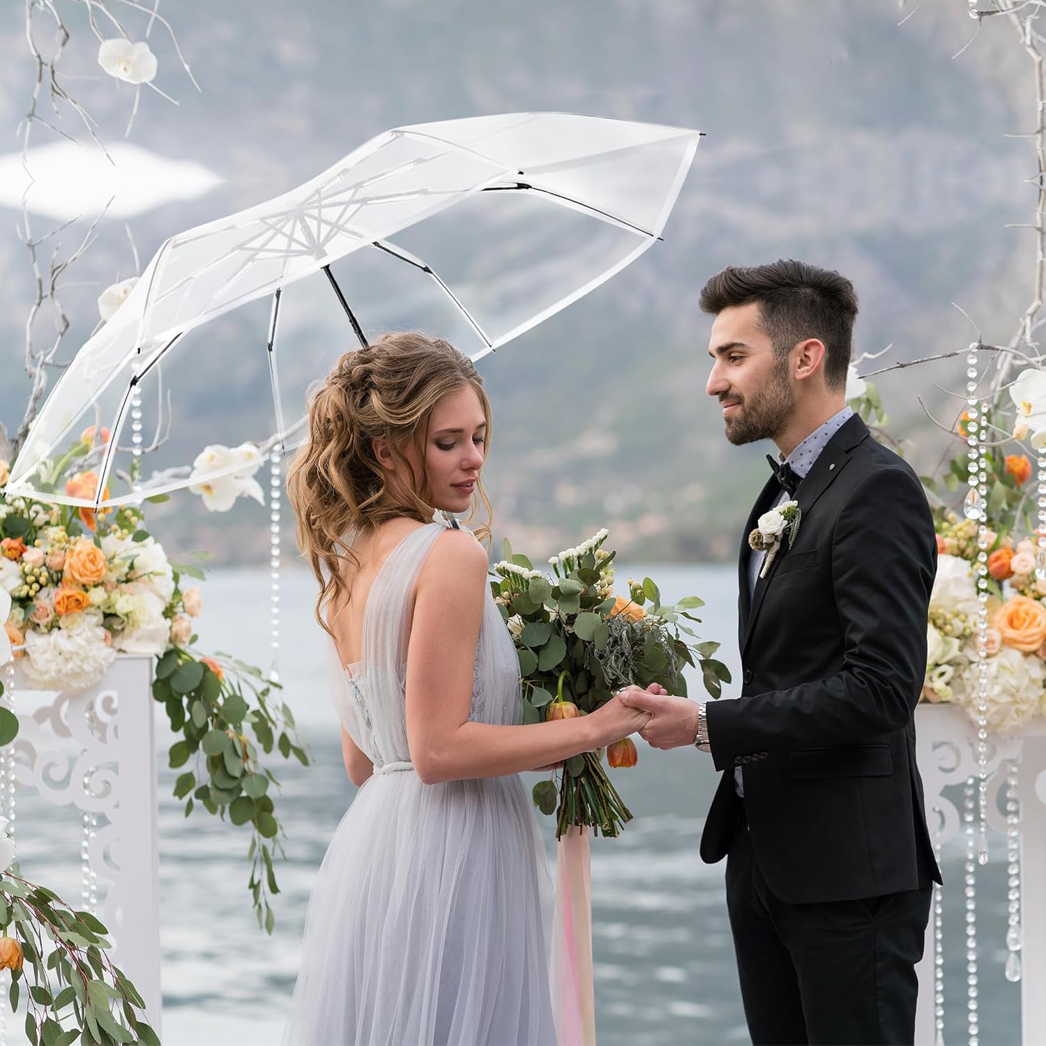 12 Pack Clear Umbrella for Wedding with Storage Box, Foldable Large Transparent Umbrella Bulk for Rain Wedding Bridal Party Supplies