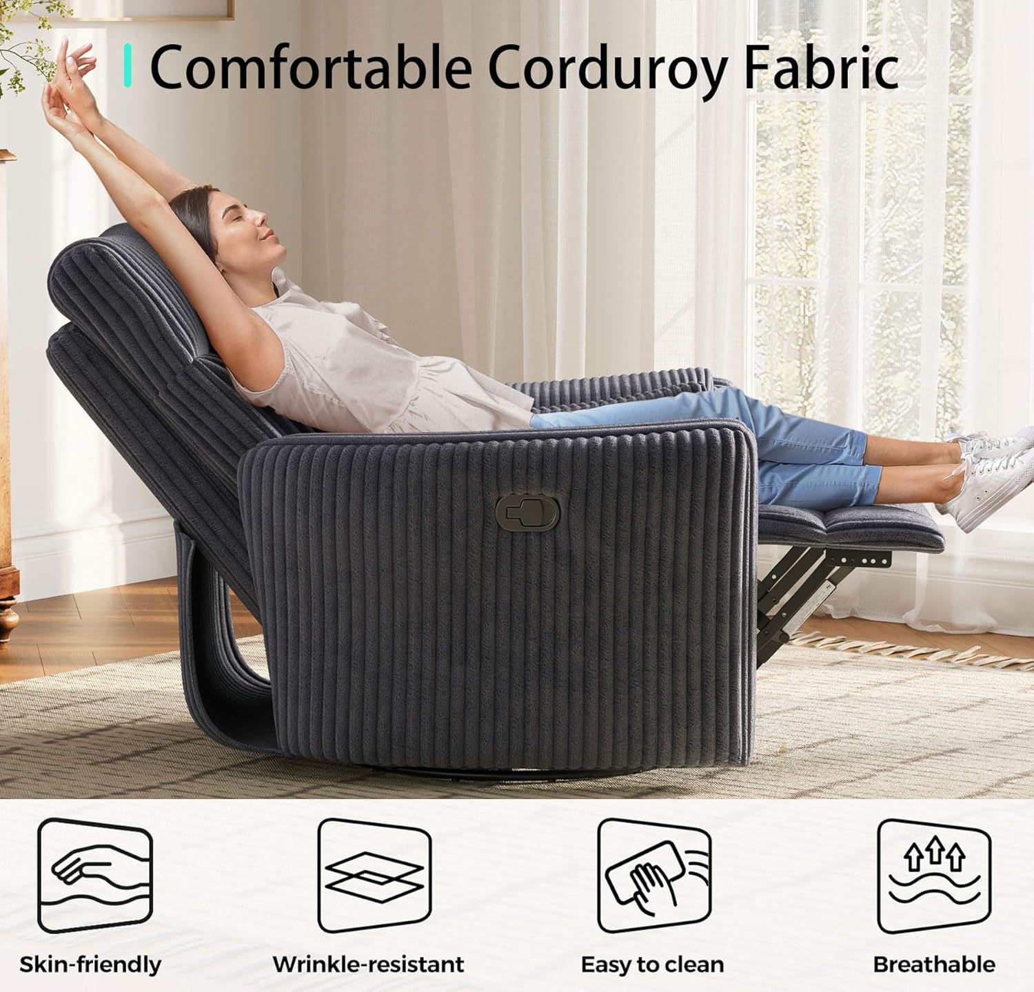 LINSY 360 Swivel Recliner Chair: Corduroy Rocking Chair Nursery Glider Chairs with 2 Pillows Comfy High Back Adult Recliner for Small Spaces, Living Room Bedroom Nursery Reclining Chairs (Grey)