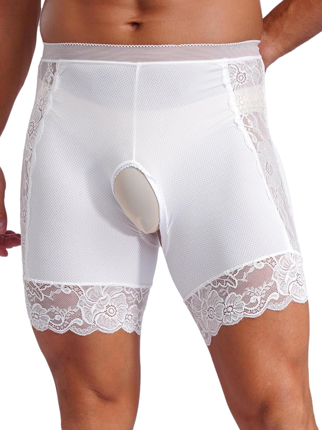 Jugaoge Men's Lace Trim Panties Crotchless Bikini Briefs High Waist Boyshorts Safety Shorts Briefs