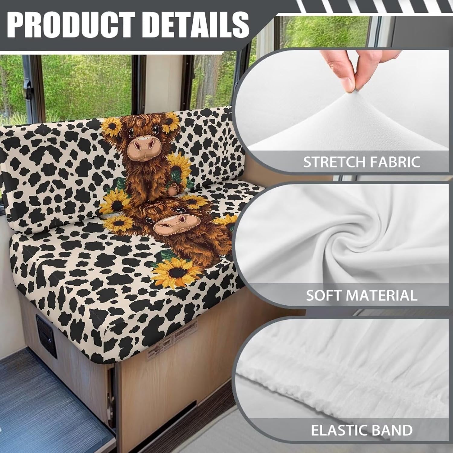 Cow Print RV Couch Covers for Sofa Bed 2-Piece Cute Highland Cow RV Beach Seat Covers for Dinette Camper Cushion Covers Stretch Washable Couch Cover Slip Covers for RV Furniture
