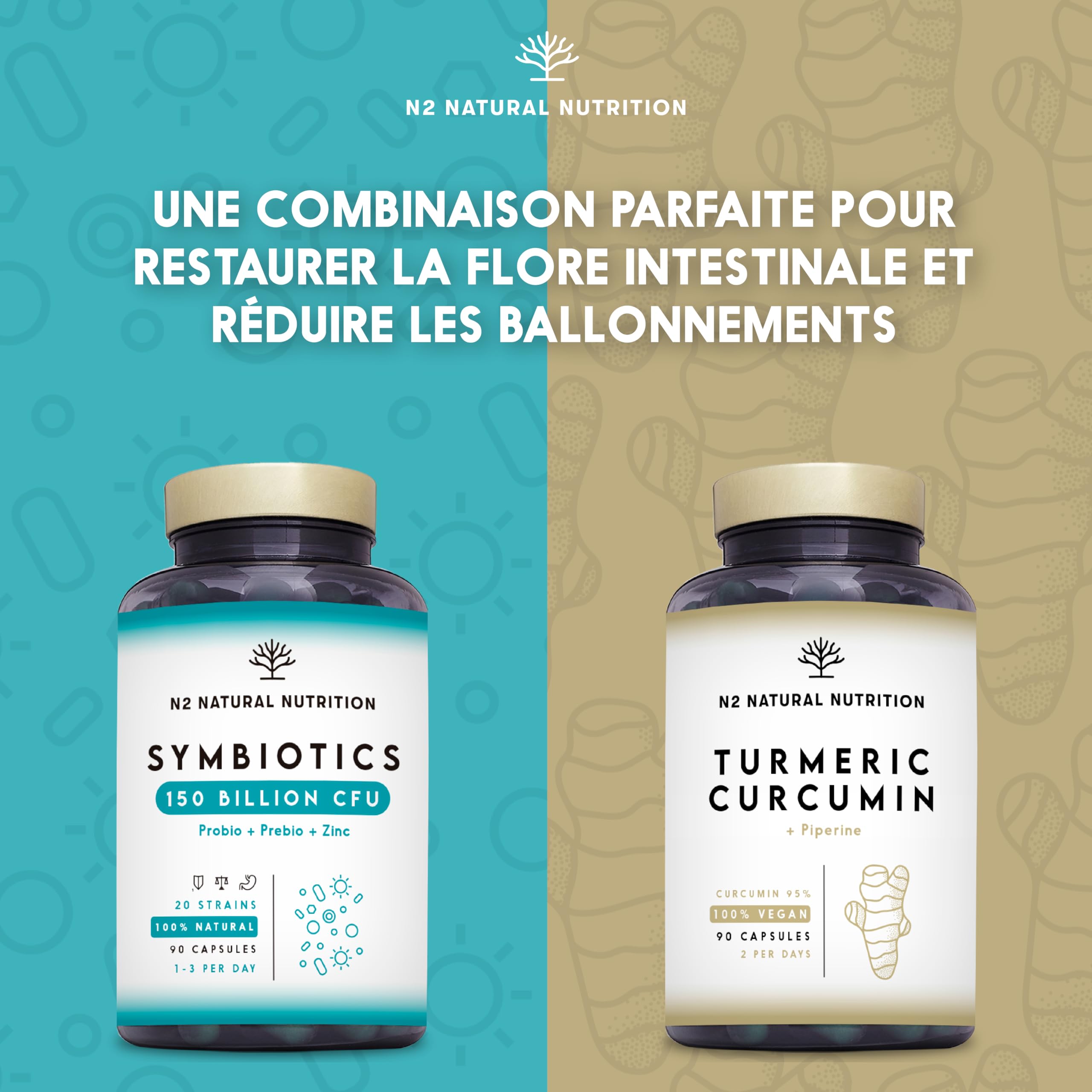 Probiotique Flore Intestinale 150 Milliards UFC, 20 Souches de Bactéries + Zinc + Inuline. Probiotiques pour la Régénération Digestive et Microbiote. 90 gélules, Végétalien. N2 Natural Nutrition