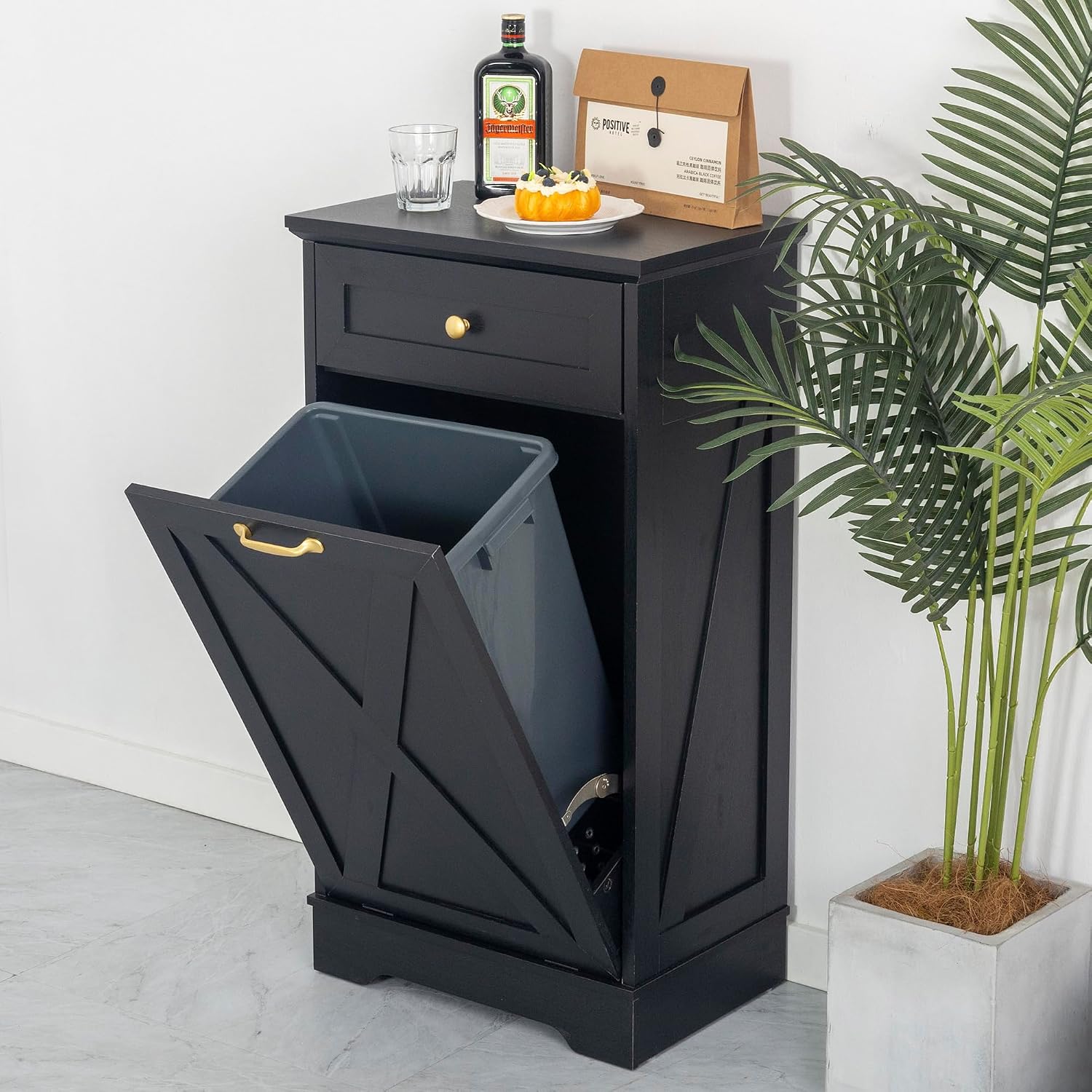 13 Gallons Tilt Out Trash Cabinet Hidden Trash Can Cabinet with Drawer Kitchen Garbage Recycling Cabinet Pet Proof Trash Cabinet for Kitchen, Black