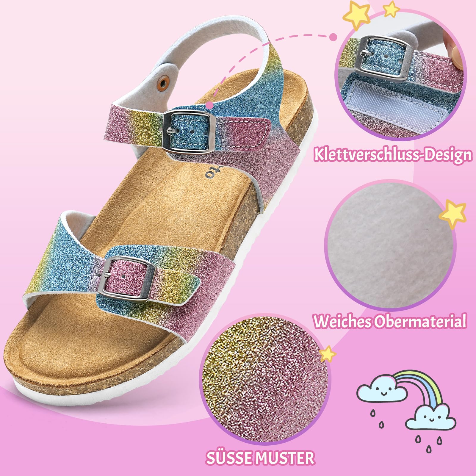Torotto Sandalen Mädchen Jungen Mit Kork Sandals Kinder Pantoffeln Riemen Verstellbare Schnalle Rutschfeste Mit Klettverschluss Sandaletten für Drinnen und Draußen
