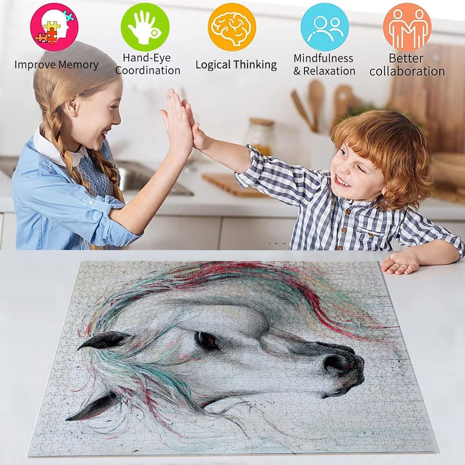 Puzzle z koniem, 5000 elementów, drewniane puzzle dla dorosłych, wielokolorowe, drewniane puzzle, klasyczne puzzle, zwierzę, drewniana jigsaw dla dorosłych i dzieci w wieku 14 lat, prezenty do domu