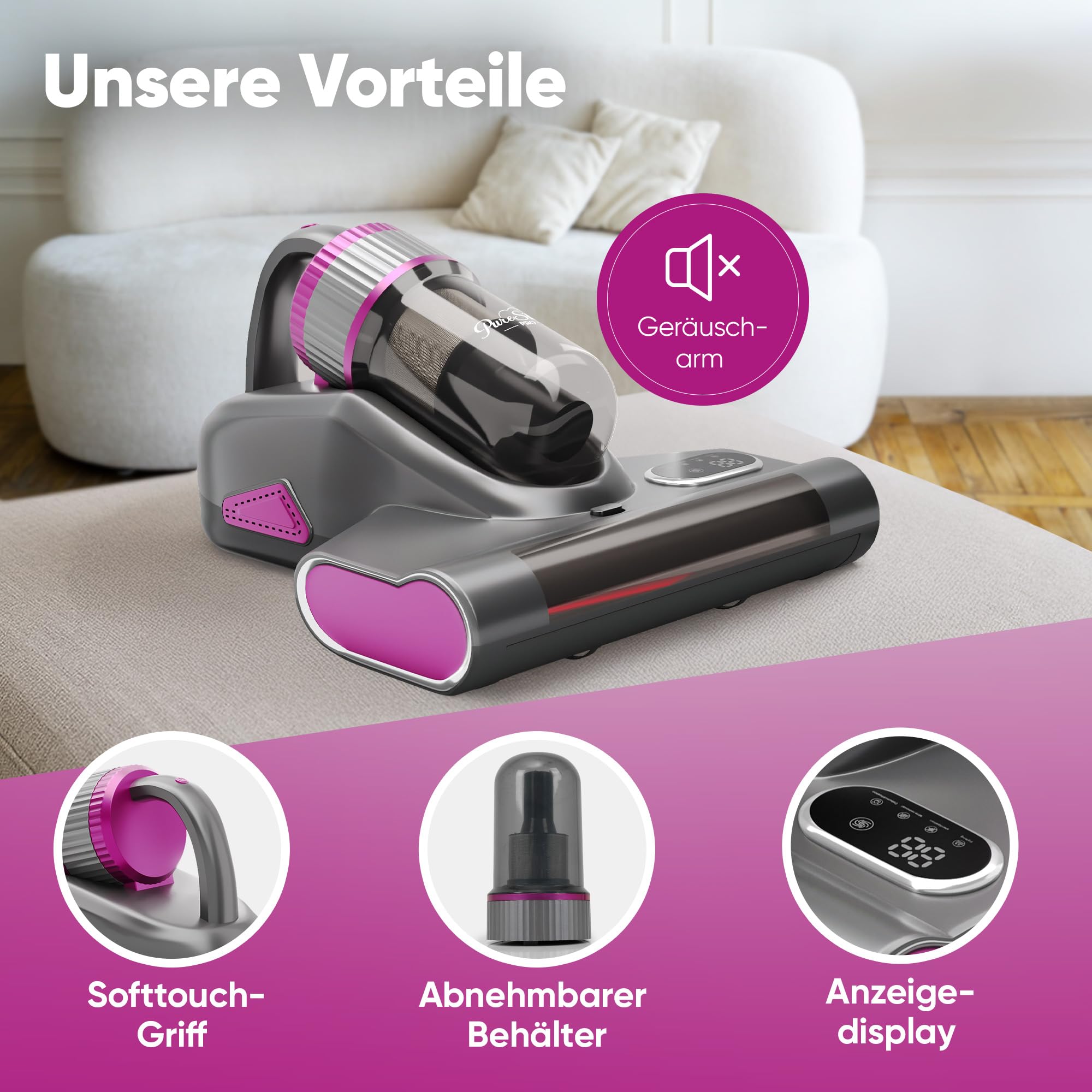 Milbensauger für Matratzen 3-in-1, UV-Licht, 10.000 Pa Saugkraft, XL-Akku 3500 mAh extra lange Laufzeit, Warmluft, Kabellos, HEPA Filter, 99,9 % Milbenentfernung für Bett, Sofa & Allergiker, GrauXL