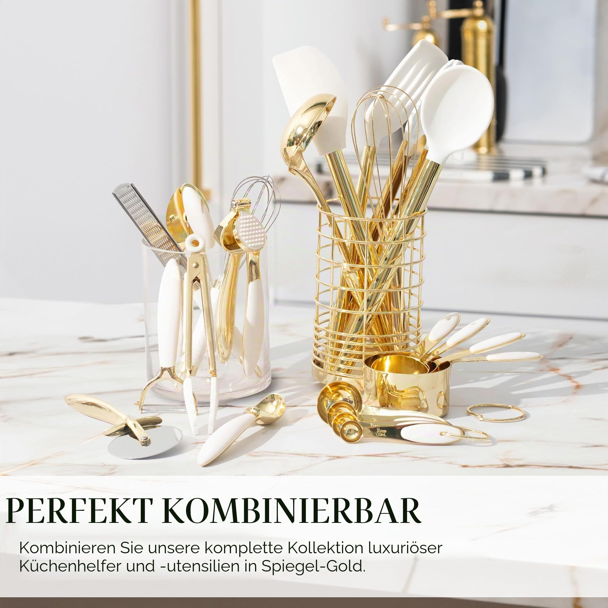 Weiß & Gold Küchenhelfer und Gadgets – Luxe 8-teiliges Kochutensilien -geräte mit rutschfesten Griffen, Goldutensilien-Set, Goldküchenzubehör weißes Küchenutensilien-Set, Premium-Küchenhelfer-Set | Küchenutensilien-Set enthält Dosenöffner, Zange und Knobl