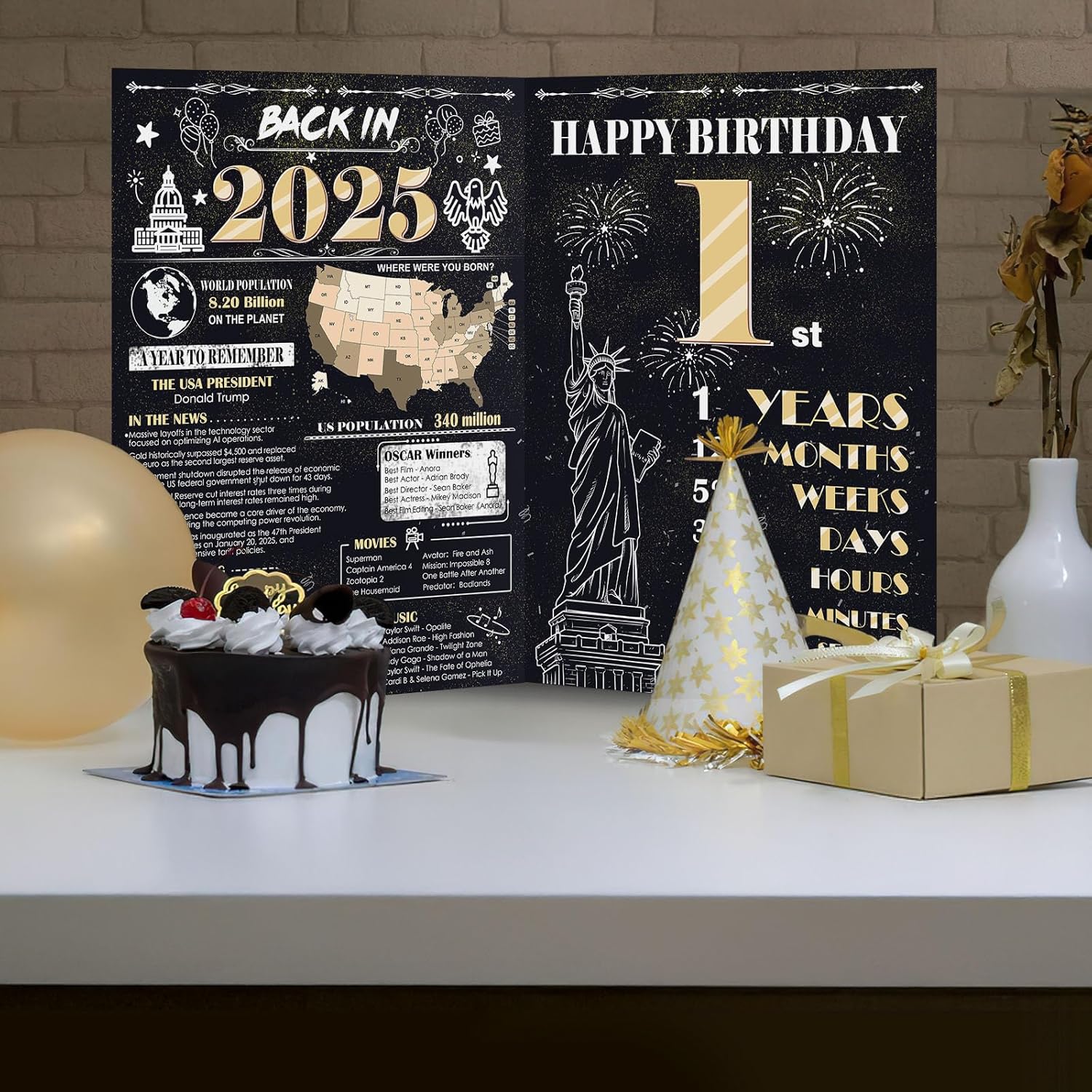 Large 1st Birthday Card for Boys Girls, Happy 1st Birthday Decorations Black Gold, Giant Guest Signature Book, Back in 2025 Big Oversized Bdy Greeting Card Ideas Gift for Party Favors - Image 2