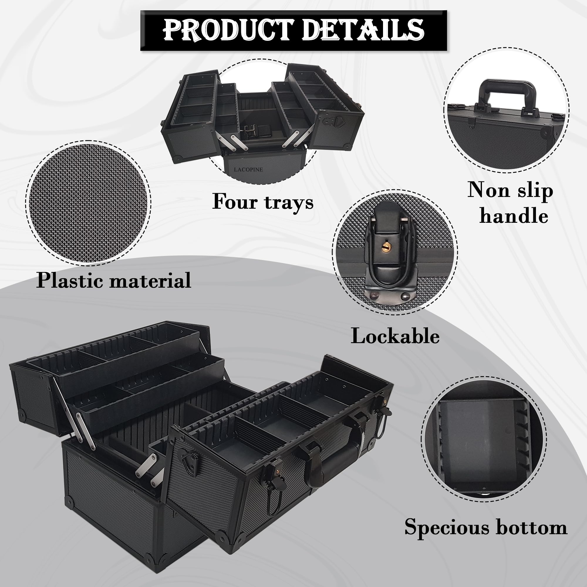 LACOPINE Makeup Train Case Professional Adjustable - 4 Trays Cosmetic Cases Makeup Storage Organizer Box with Lock and Compartments (DESIGN2-BLACK) - Image 3 thumbnail