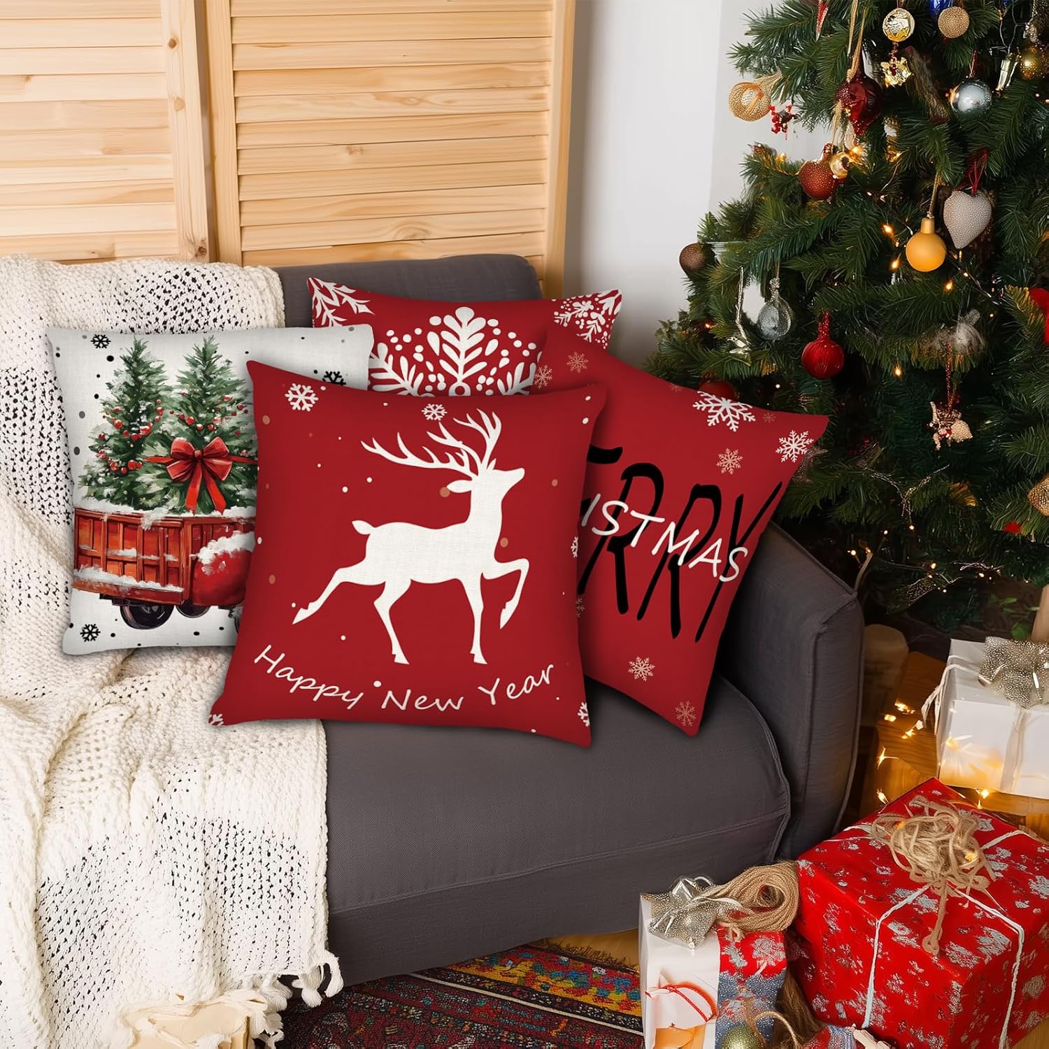 PICKFORU Red Christmas Throw Pillow Covers Set of 4, 18x18 Inch Square Pillow Covers, Deer Snowflakes Pickup Trucks Cushion Case for Sofa Living Room - Image 4