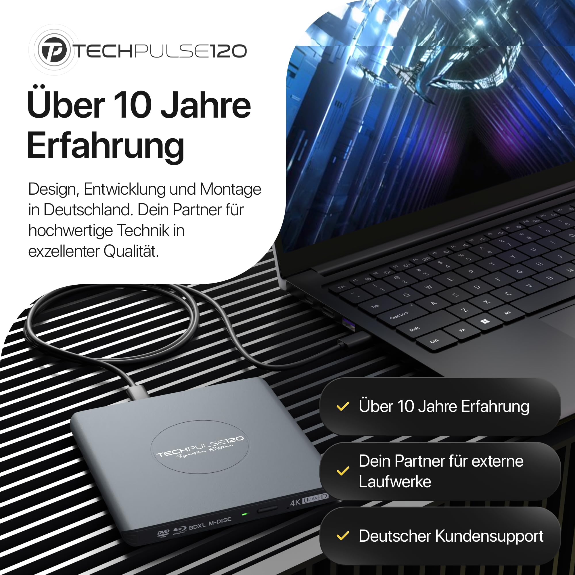 techPulse120 Externes USB 3.1 USB-C UHD 4k 3D M-DISC Blu-ray DVD CD HDR10 128GB Laufwerk Brenner Burner Signature Paket Tasche 90cm Anschlusskabel Aluminium (Grau)