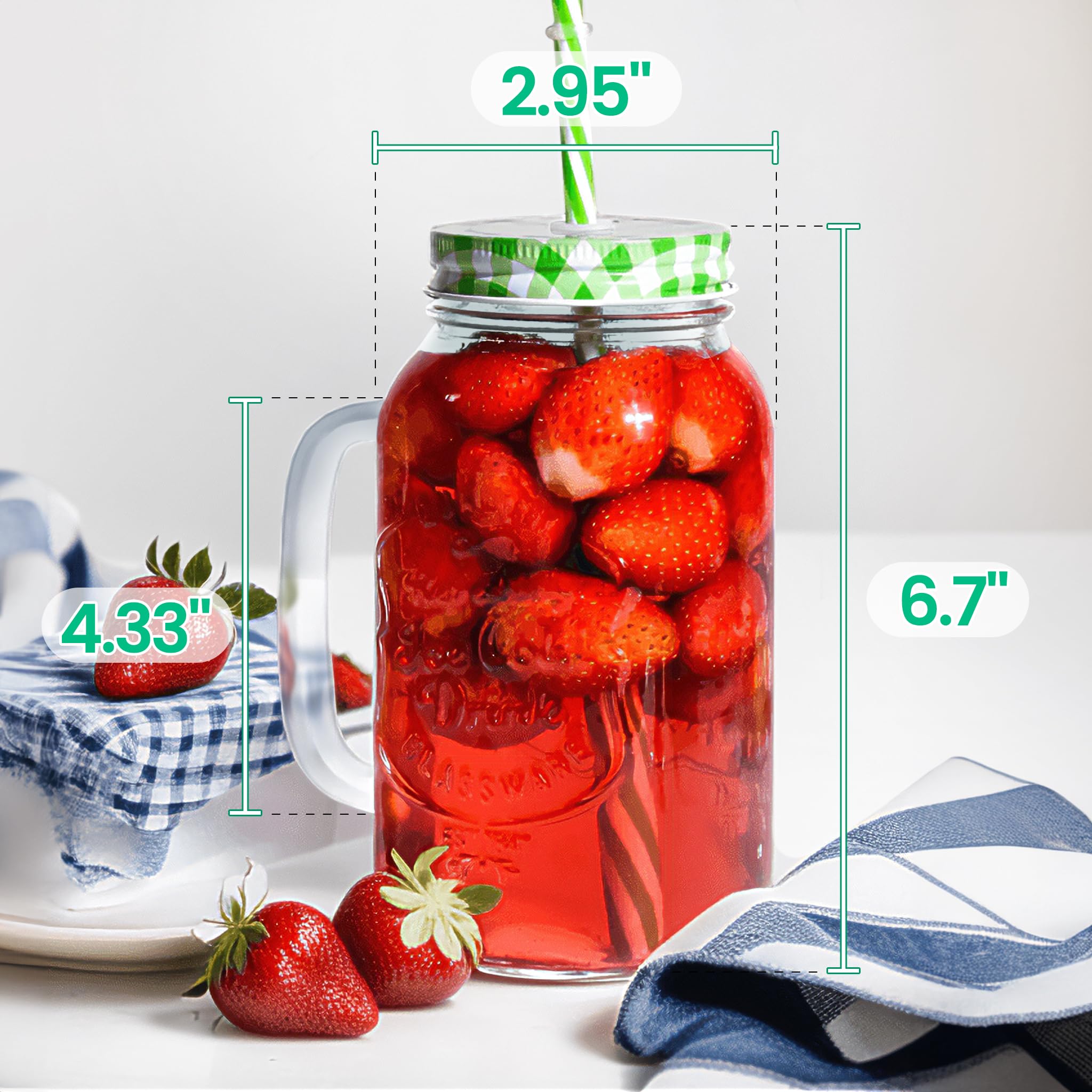 Sishynio 2-Pack 24oz Glass Cups with Bamboo Lids, Straws, and Handles - Wide Mouth Mason Jars for Boba, Smoothies, Iced Coffee, Reusable Travel Mugs