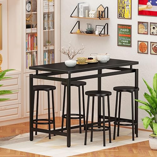 Miniatura 9 de Hooseng Juego de mesa de comedor de 5 piezas, mesa de cocina industrial y sillas para 4, juego de mesa de bar de altura para 35.4 pulgadas, mesa de