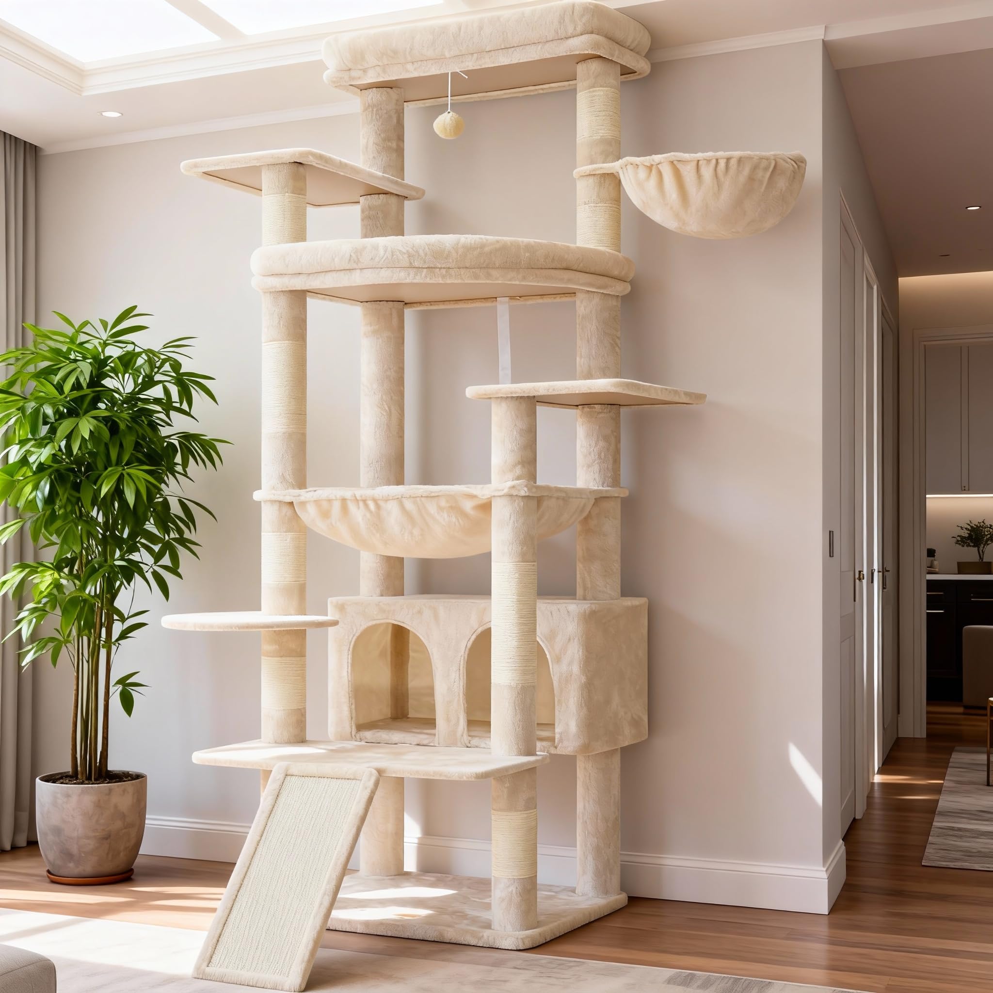 Heybly Tall Cat Tree for Large Cats, 202 cm Multi-Level Cat Tower for Indoor Cats with Large Baseboard, Condo Furniture with 2 Widened Plush Perches,Scratching Board and Big Caves, Beige HCT038M