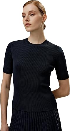 LilySilk 100% Silk Knit Sweater Womens Short Sleeve Crewneck Silk T Shirt Slim Fit Ladies Pullover Soft