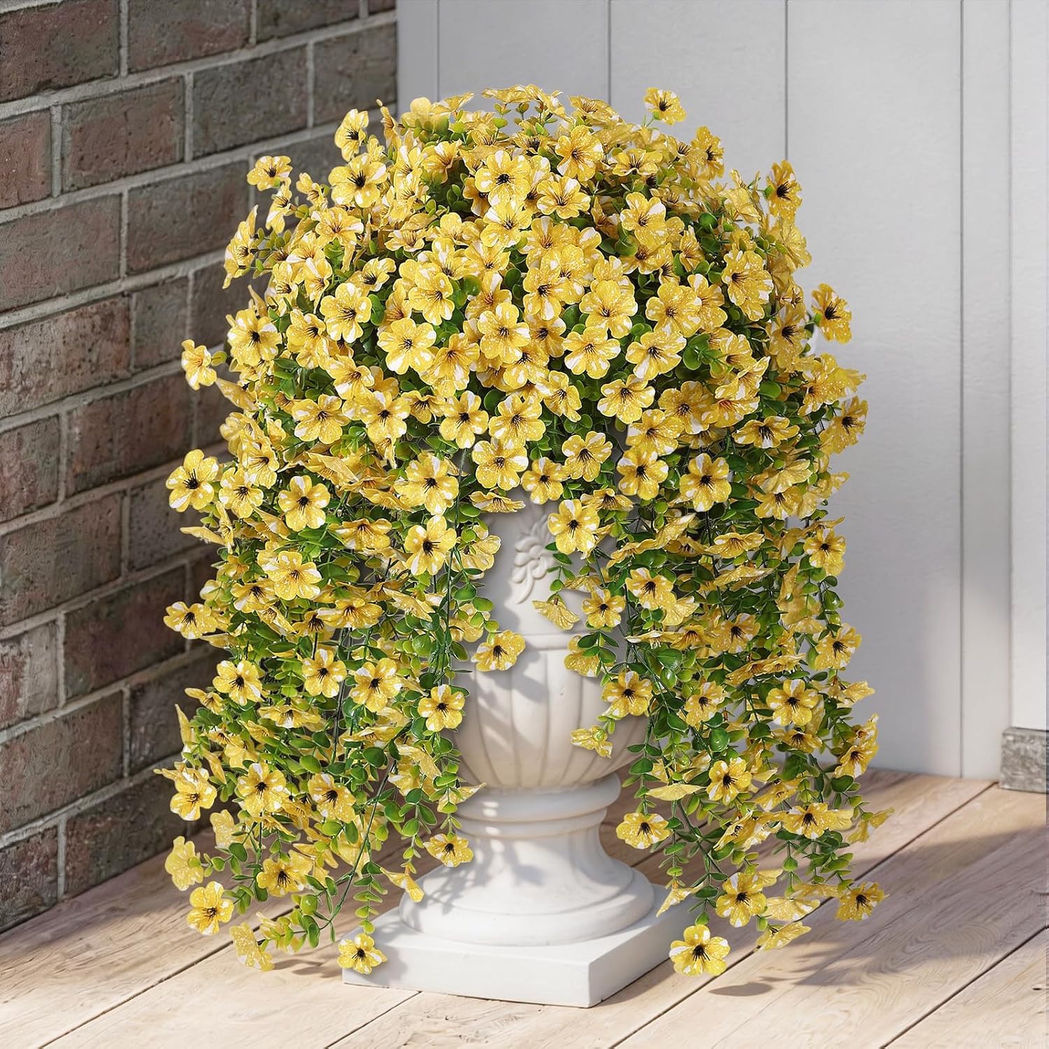 8 PCS Artificial Morning Glory & Eucalyptus for Outside, Realistic Sun Resistant Fake Silk Hang Flower Faux Eucalyptus Leave for Patio Farmhouse Garden Porches Balcony Decor (Yellow)