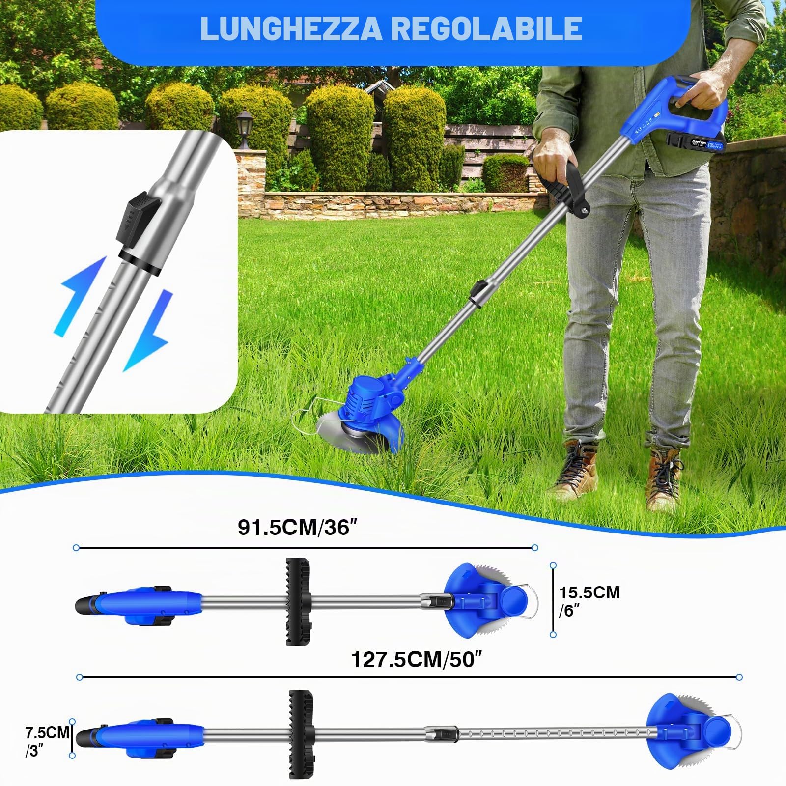 Decespugliatore a batteria, decespugliatore elettrico con batteria e caricabatterie, impugnatura regolabile, tubo telescopico, testina girevole a 90°, 10 lame, adatto per giardini, prati e arbusti