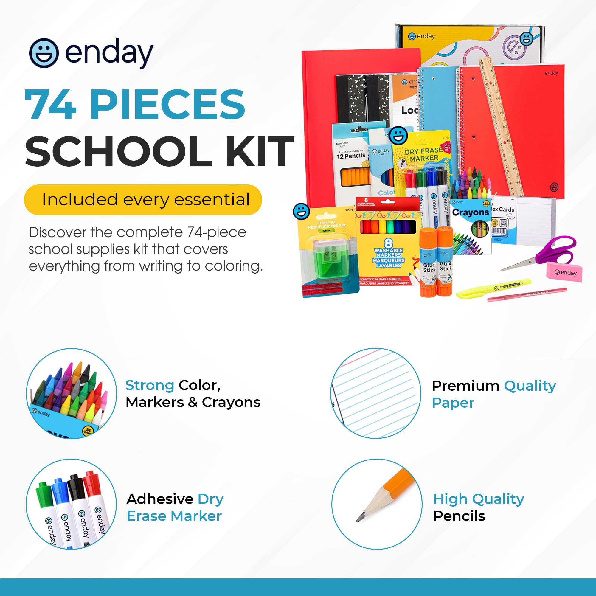 Kit de fournitures scolaires de 2e et 3e classe Enday - Kit de rentrée scolaire de 74 pièces - Fournitures scolaires de qualité supérieure pour enfants pour filles et garçons - Fournitures scolaires
