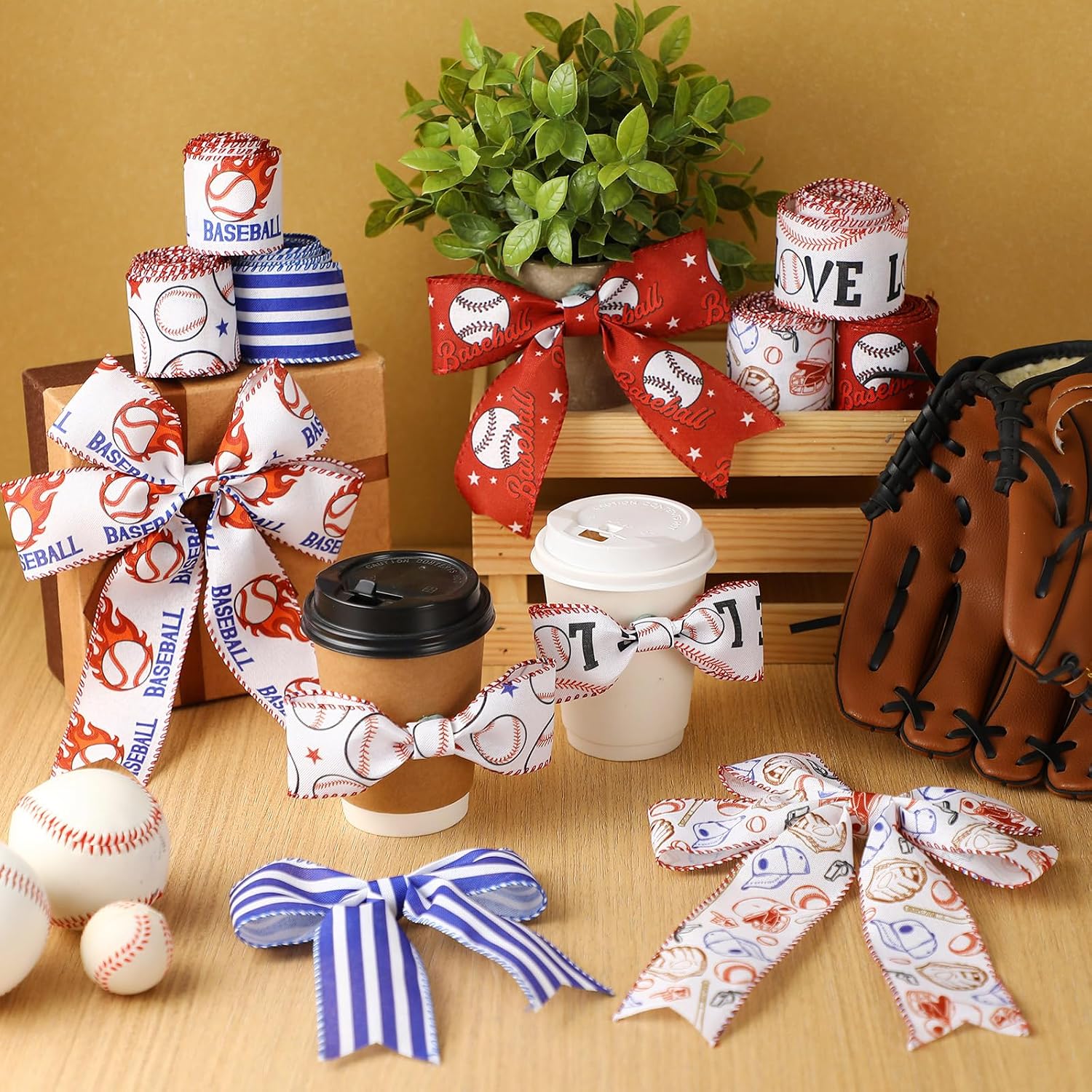 Juexica 6 Rolls 30 Yards Baseball Wired Edge Ribbon Patterned Ribbon Fabric Wrapping Craft for Sport Gift Wrapping Bows Party Decoration Sewing Supplies