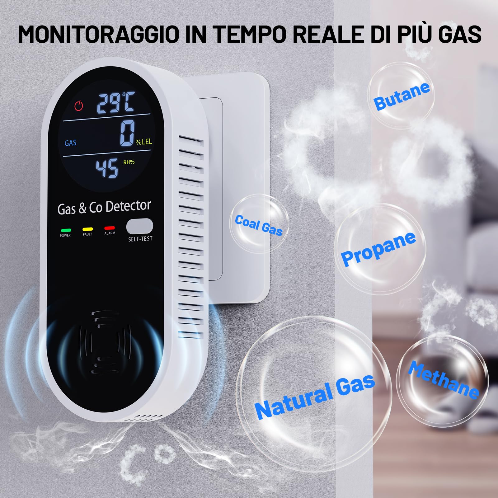YOJOCK 4-in-1 Rilevatore di Gas e Monossido di Carbonio, Rilevamento CO fino a 2000PPM, Sensori per Gas Naturale, LPG, Metano, Propano, Temperatura e Umidità, Auto-Test