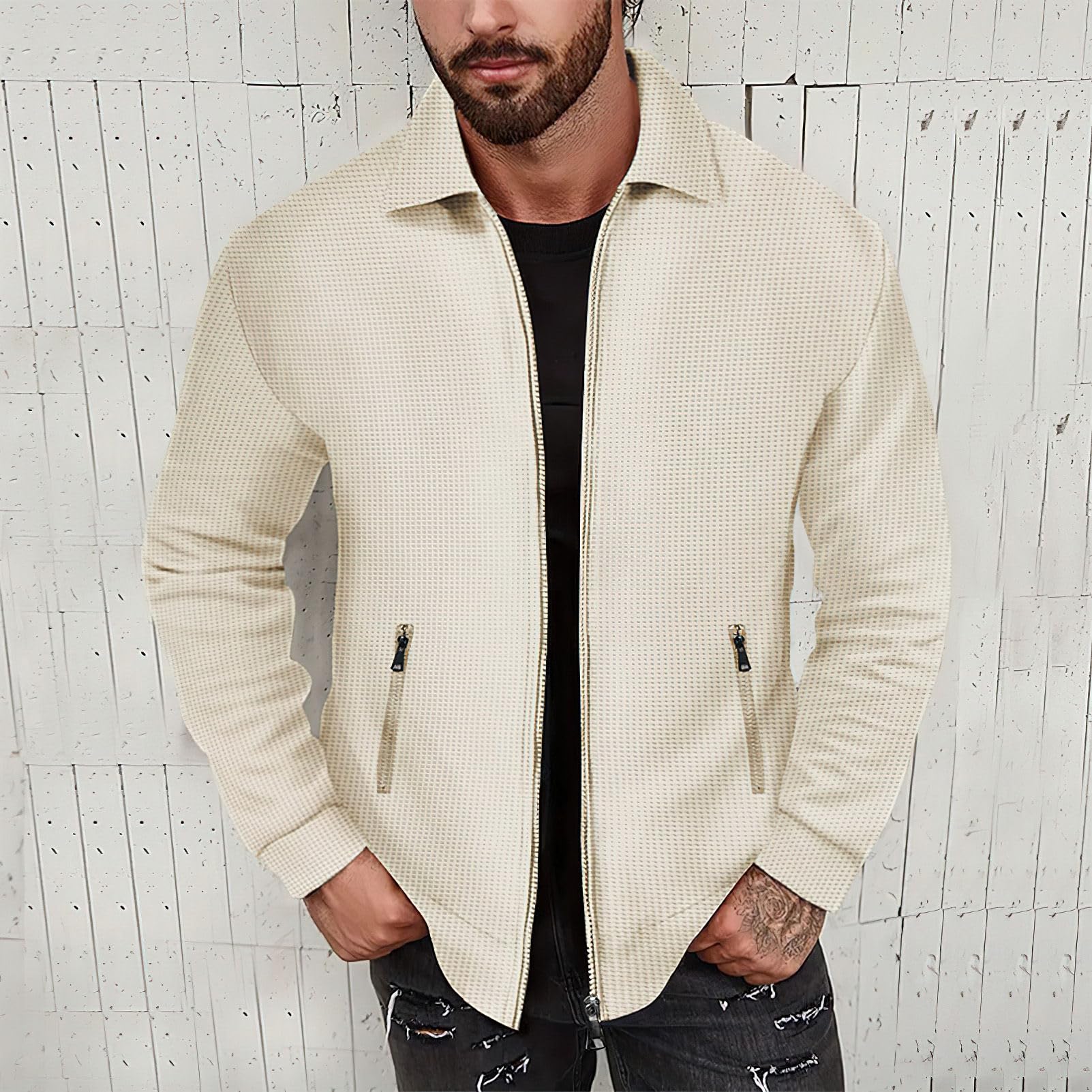 Herren Waffel Trainingsanzüge Langarm Voll Reißverschluss Jacke & Hose 2-teiliges Set für Lässig Sport Arbeit