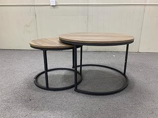 LIFE SKY Nesting Coffee Table Set of 2: Industrial Round Wood & Metal Side Tables - Space Saving Furniture for Small Living Rooms & Creative Studios