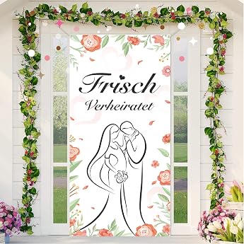 DPKOW Newly Married Door Banner for Wedding Decoration Flowers Leaves Bride and Groom Banner for Wedding Background Door Wall Garden Decoration Just Married Banner 185 x 90 cm